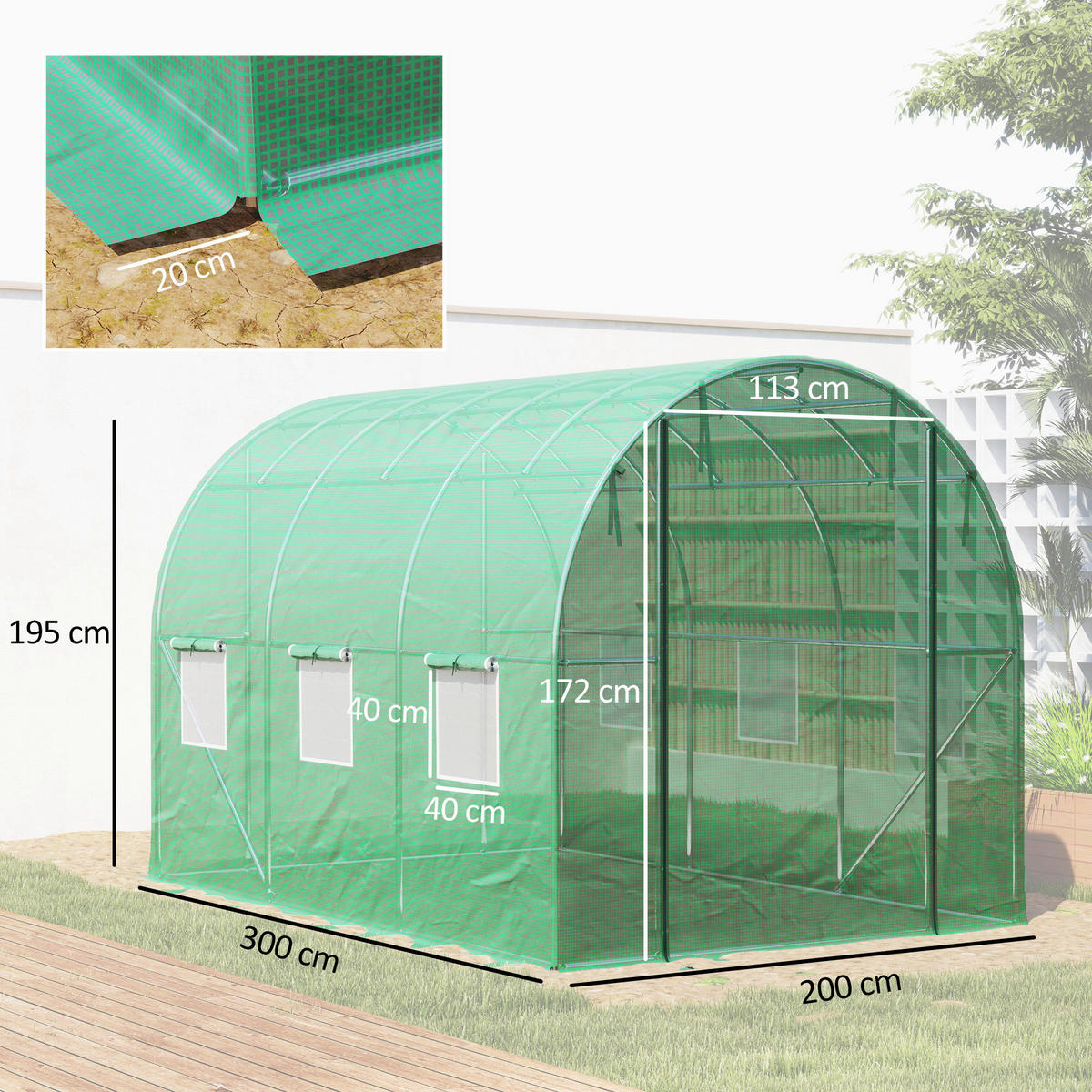 Outsunny Folientunnel B/H/L: ca. 200x195x300 cm Folientunnel - grün (300,00/200,00/195,00cm) - Outsunny
