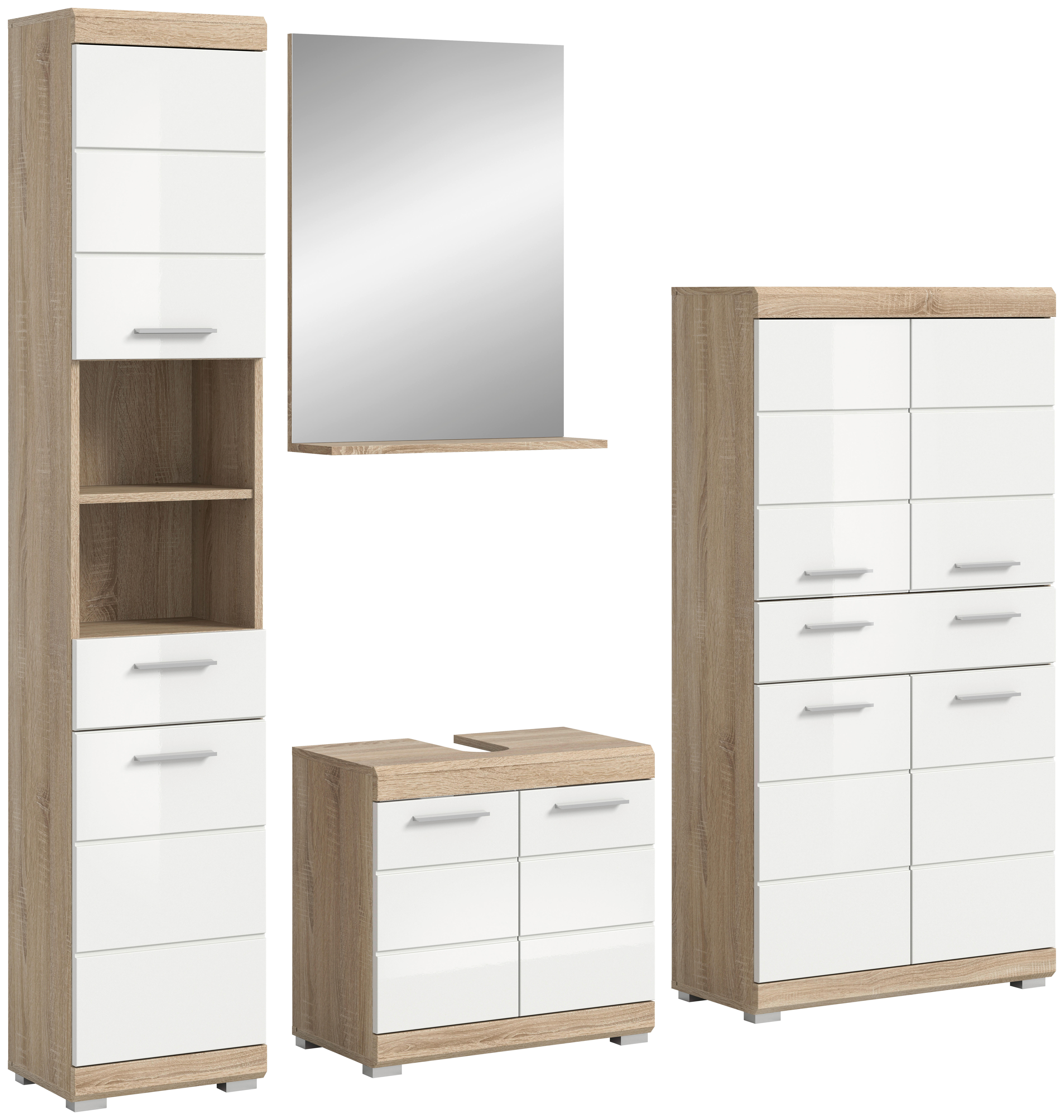 Badezimmer-Set Lambada Eiche Sonoma Nachbildung weiß Hochglanz B/H/T: ca. 186x191x34 cm Lambada - Eiche/weiß (186,00/191,00/34,00cm) - xonox.home