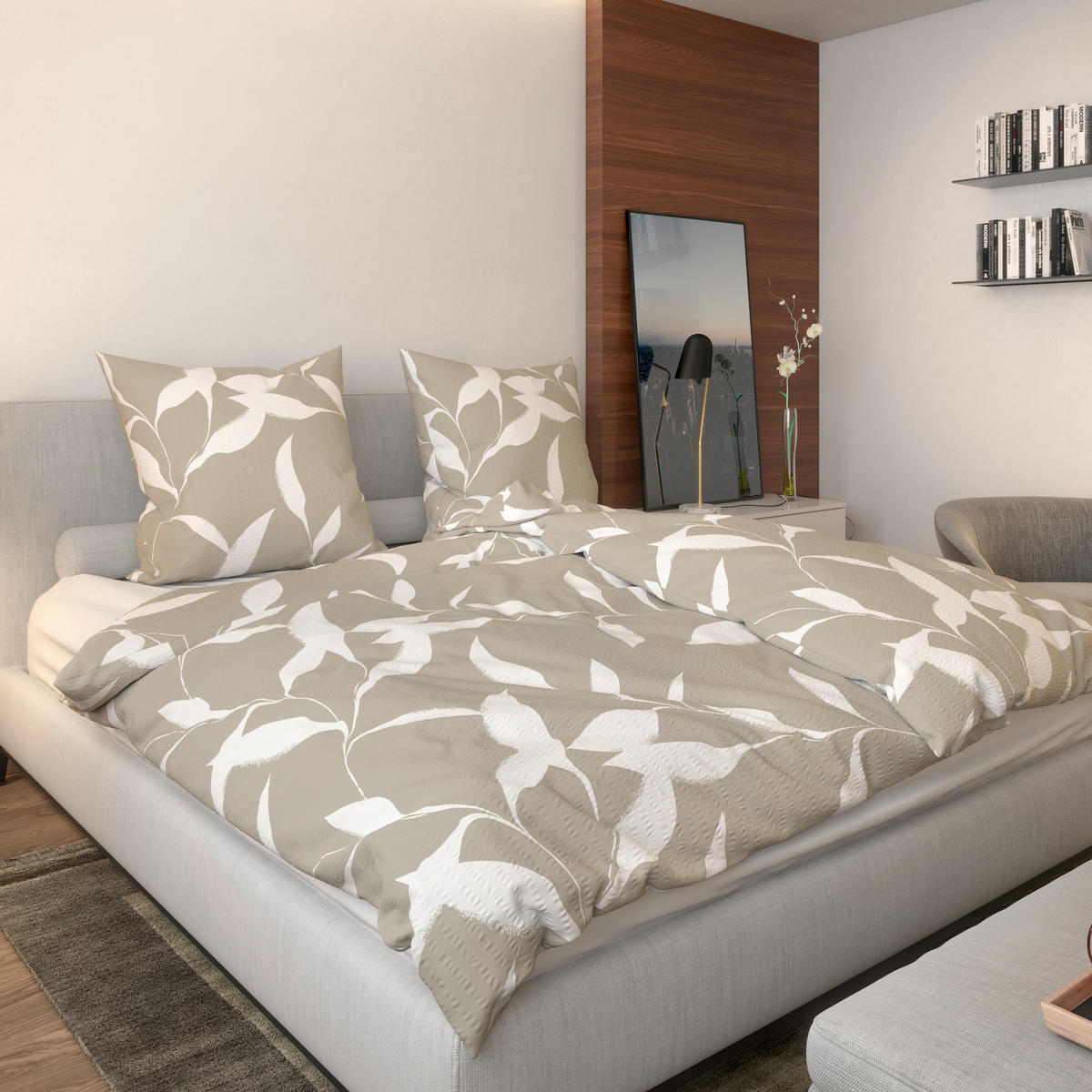 Seersucker Bettwäsche Bettwäsche_Micro-Seersucker Blätter - hellbeige/weiß (135,00/200,00cm)