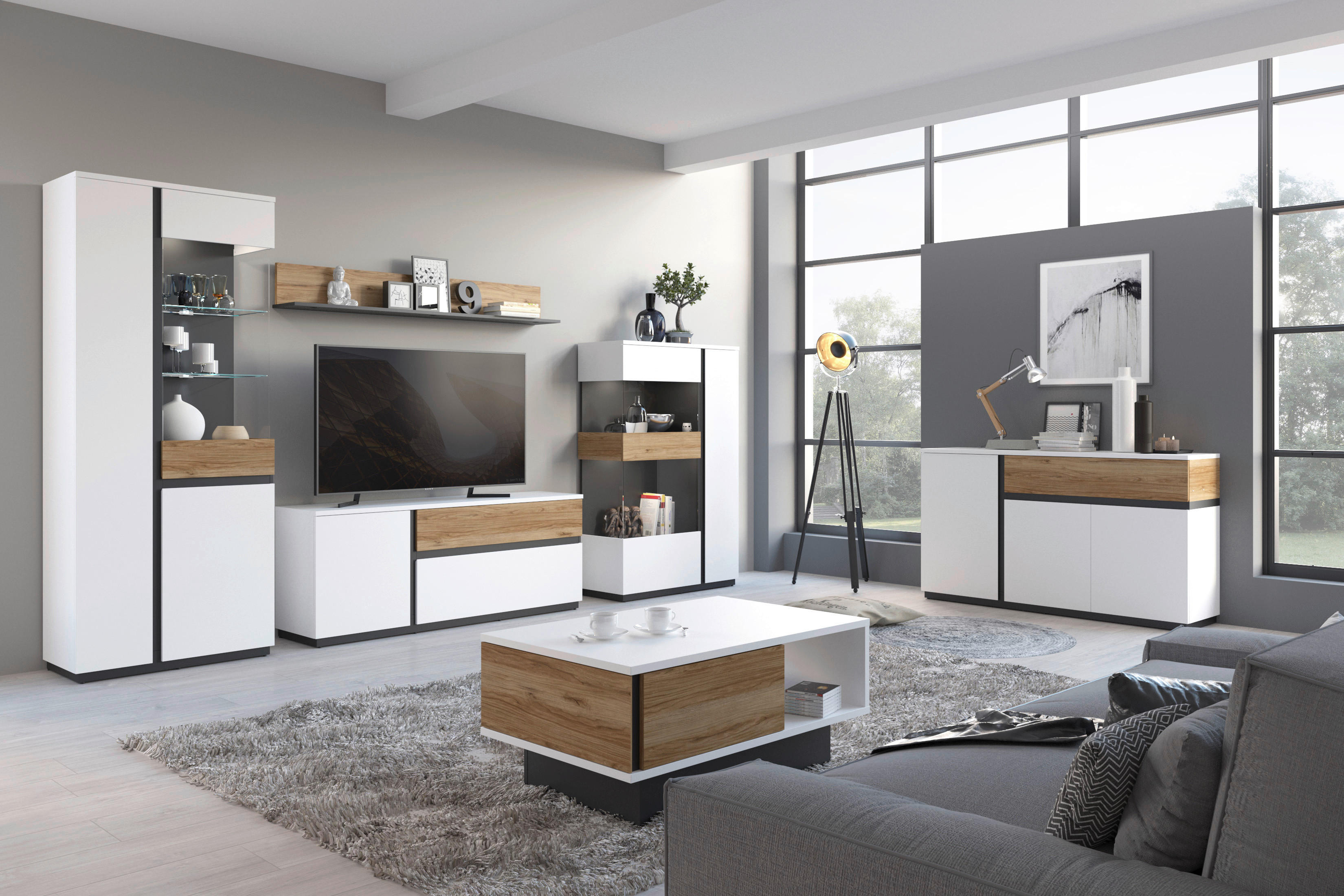 Thumbnail - Standvitrine Novena weiß Eiche Catania Nachbildung schwarz matt B/H/T: ca. 84x200x40 cm