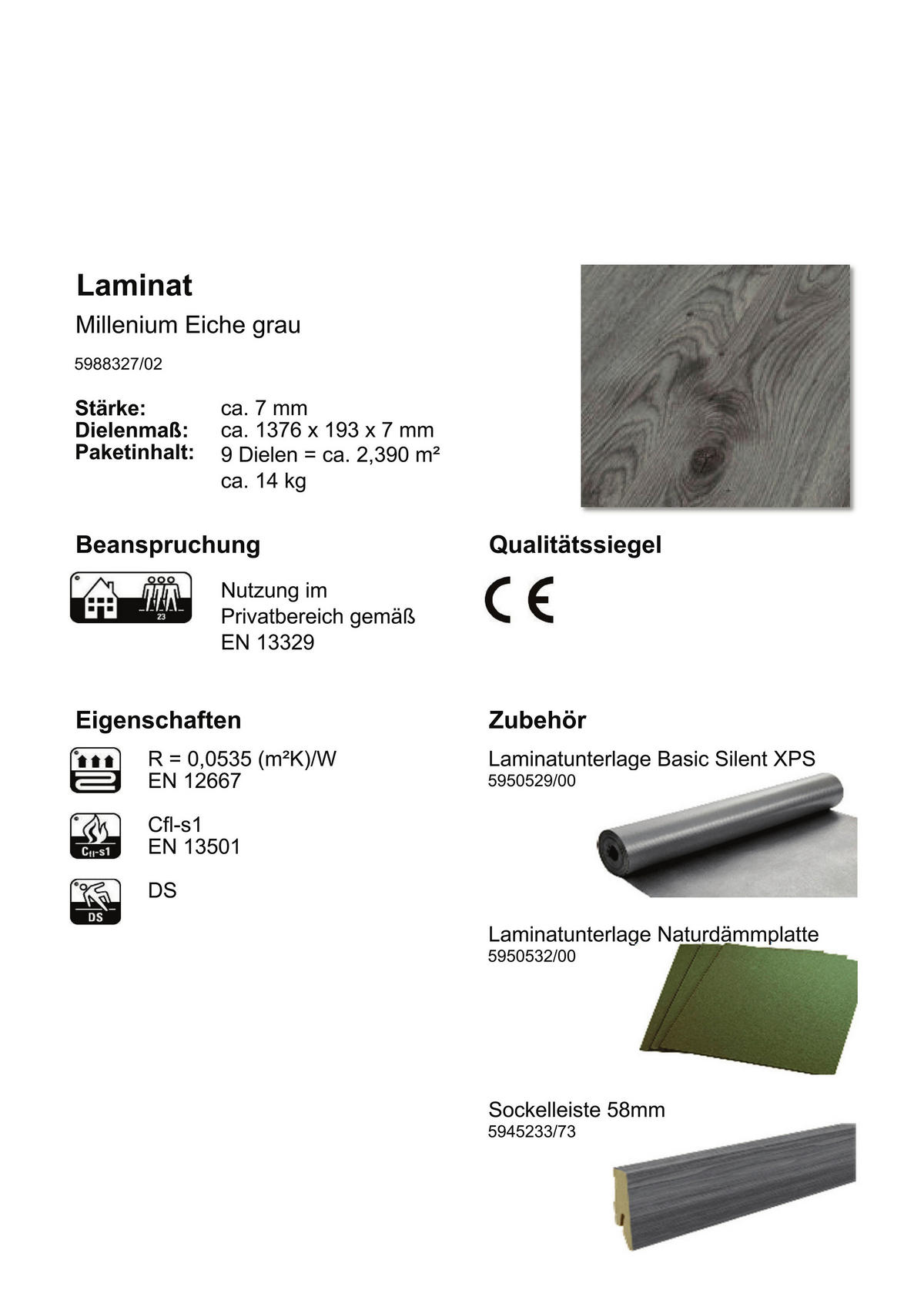 Laminatboden Millenium ca. 2,39 m² im Paket  B/L: ca. 19,3x137,6 cm pro Paket Millenium ca. 2,39 m² im Paket - grau (19,30/137,60cm)