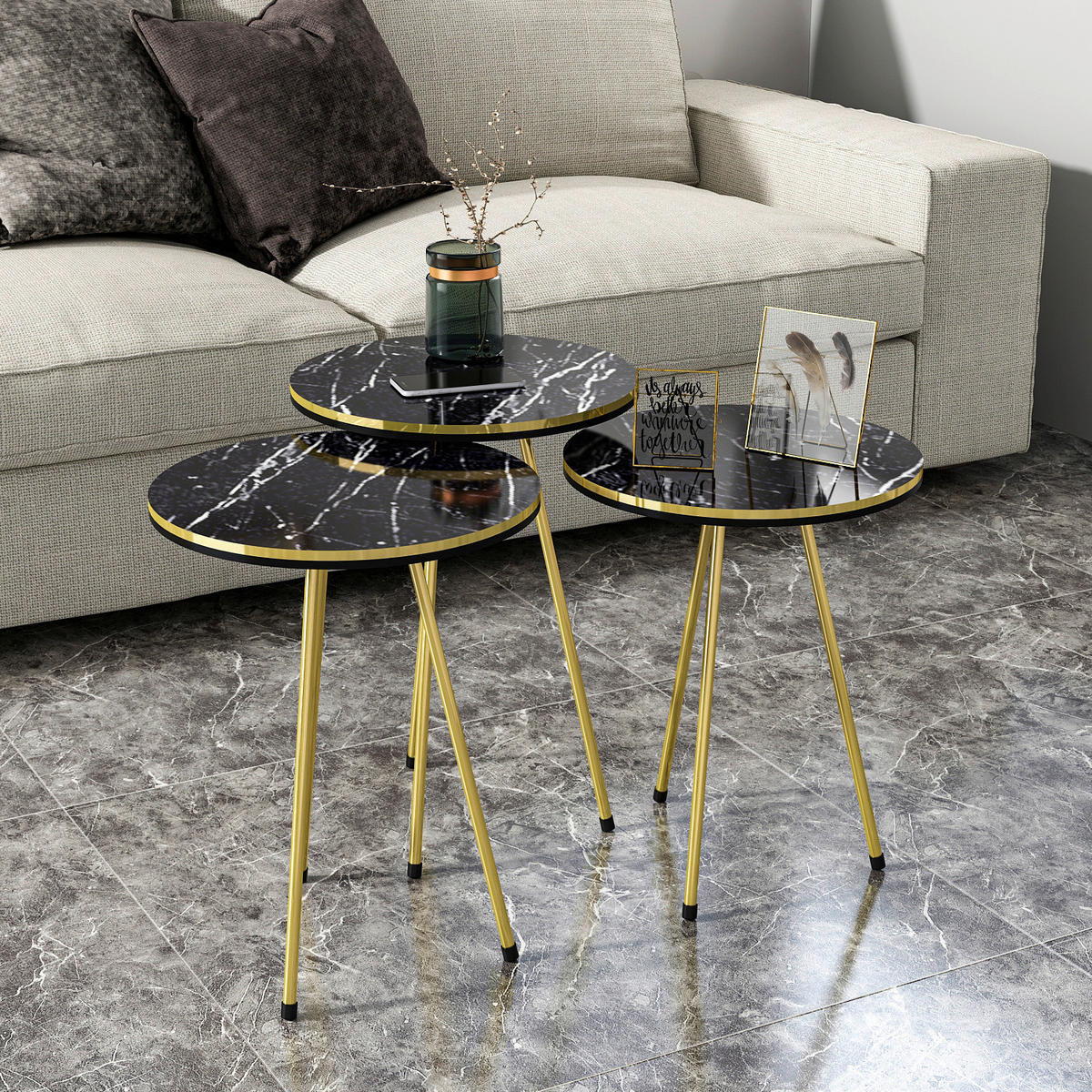 Beistelltisch 3er-Set. 21716146 schwarz Marmoroptik B/H/T: ca. 38x53,5x38 cm 3er-Set. 21716146 - schwarz/Marmoroptik (38,00/53,50/38,00cm) - moebel17