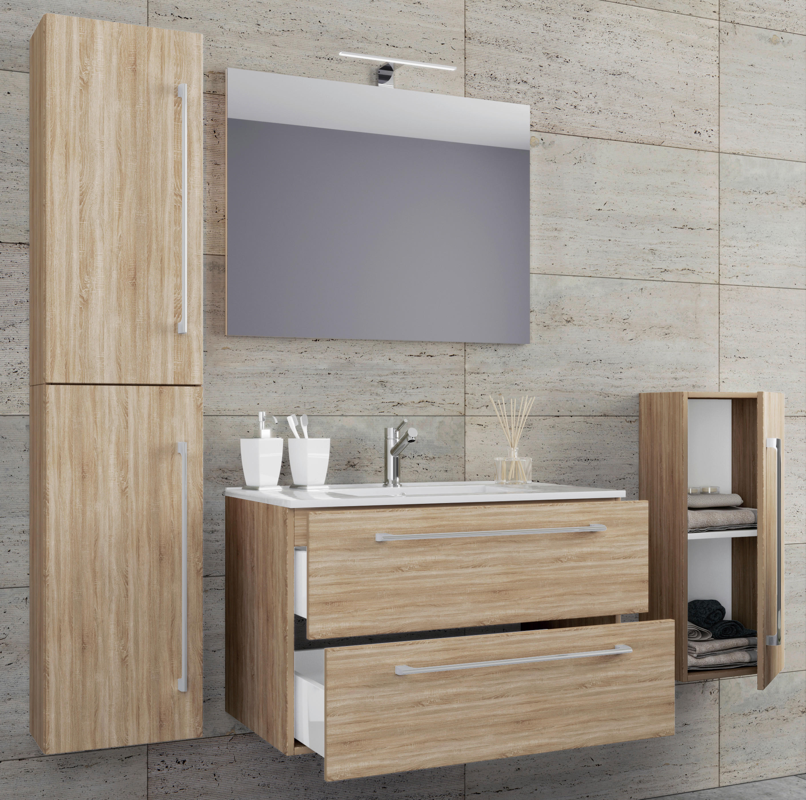 Waschplatz 5tlg-Badinos Eiche Sonoma Nachbildung B/H/T: ca. 60x50x46 cm 5tlg-Badinos - Eiche (60,00/50,00/46,00cm) - VCM Möbel