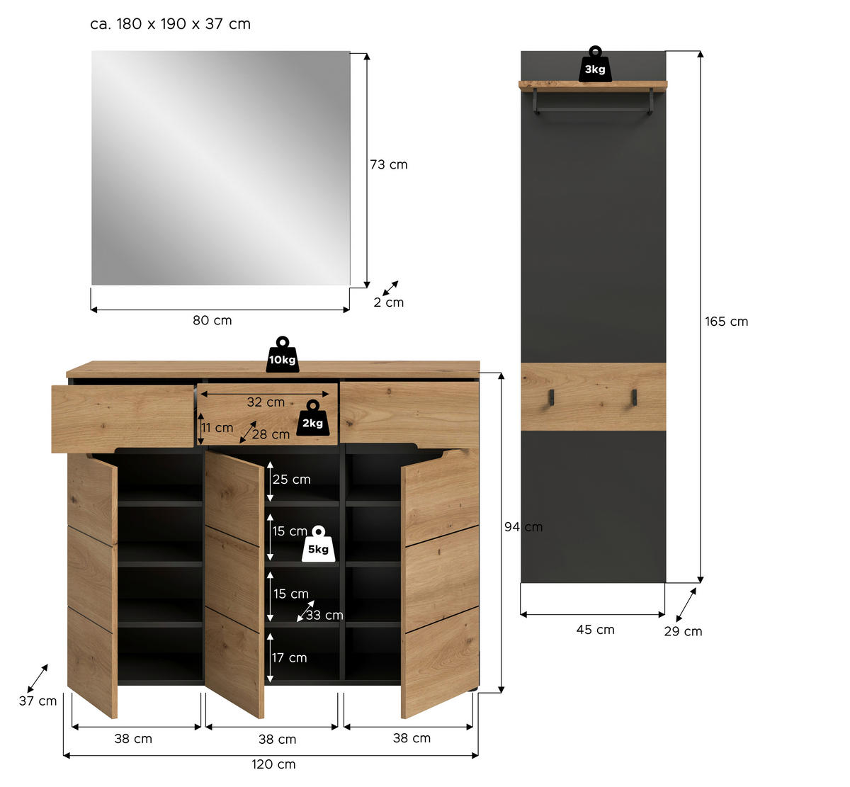 Garderobe Canu basaltgrau Nachbildung Artisan Nachbildung B/H/T: ca. 180x190x37 cm Canu - basaltgrau (180,00/190,00/37,00cm) - xonox.home