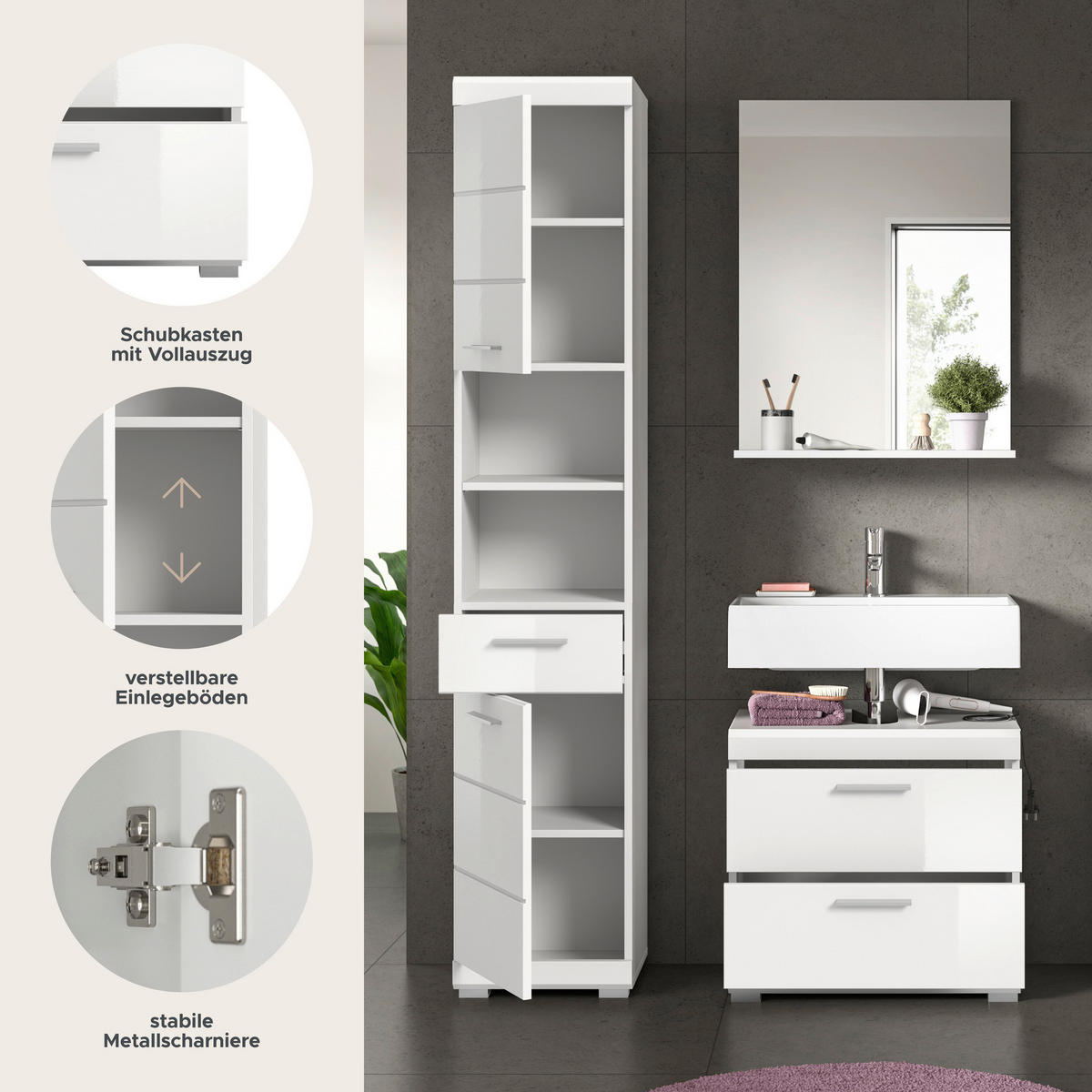 Badezimmer-Set Scout weiß weiß Hochglanz B/H/T: ca. 112x191x37 cm Scout - weiß (112,00/191,00/37,00cm) - xonox.home