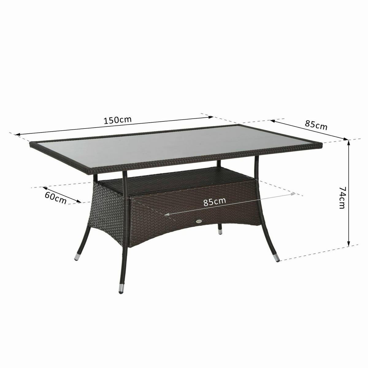 Outsunny Gartentisch schwarz Polyrattan B/H/L: ca. 85x74x150 cm Gartentisch - braun/schwarz (150,00/85,00/74,00cm) - Outsunny