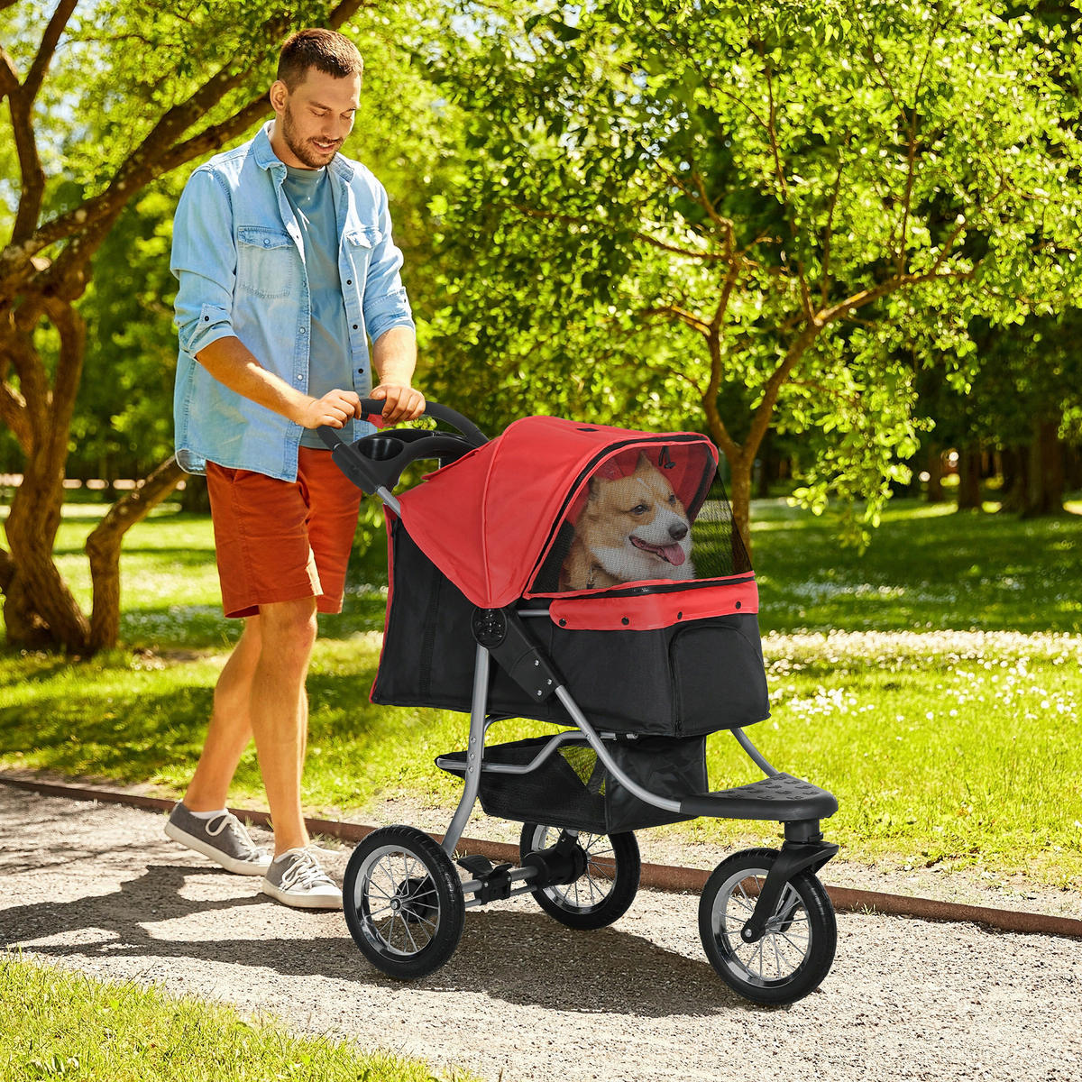PawHut Hunde-Zubehör rot Polypropylen B/H/L: ca. 54,5x109,5x106,5 cm Hundewagen - rot (106,50/54,50/109,50cm) - PawHut