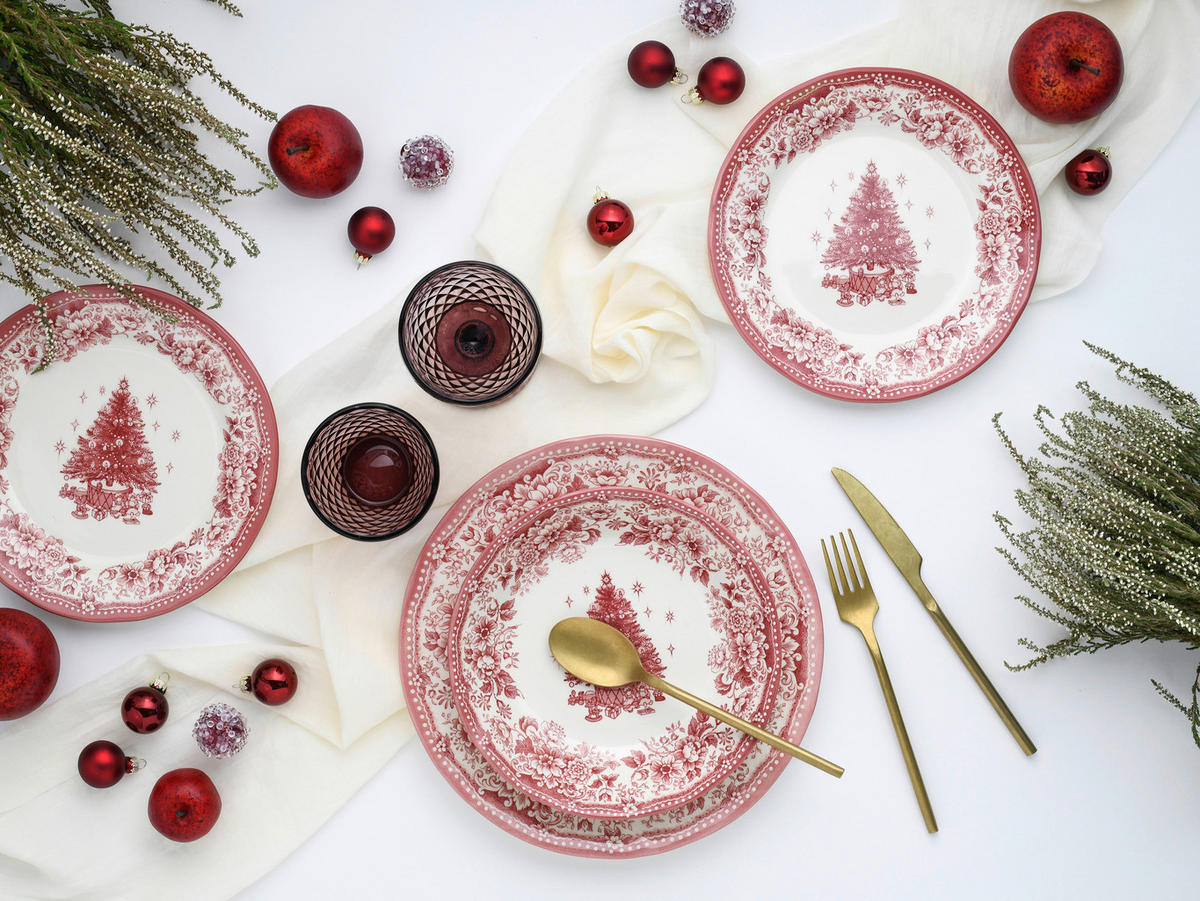 CreaTable Tafelservice Tannenbaum rot Steingut 12 tlg. Tannenbaum - rot - CreaTable