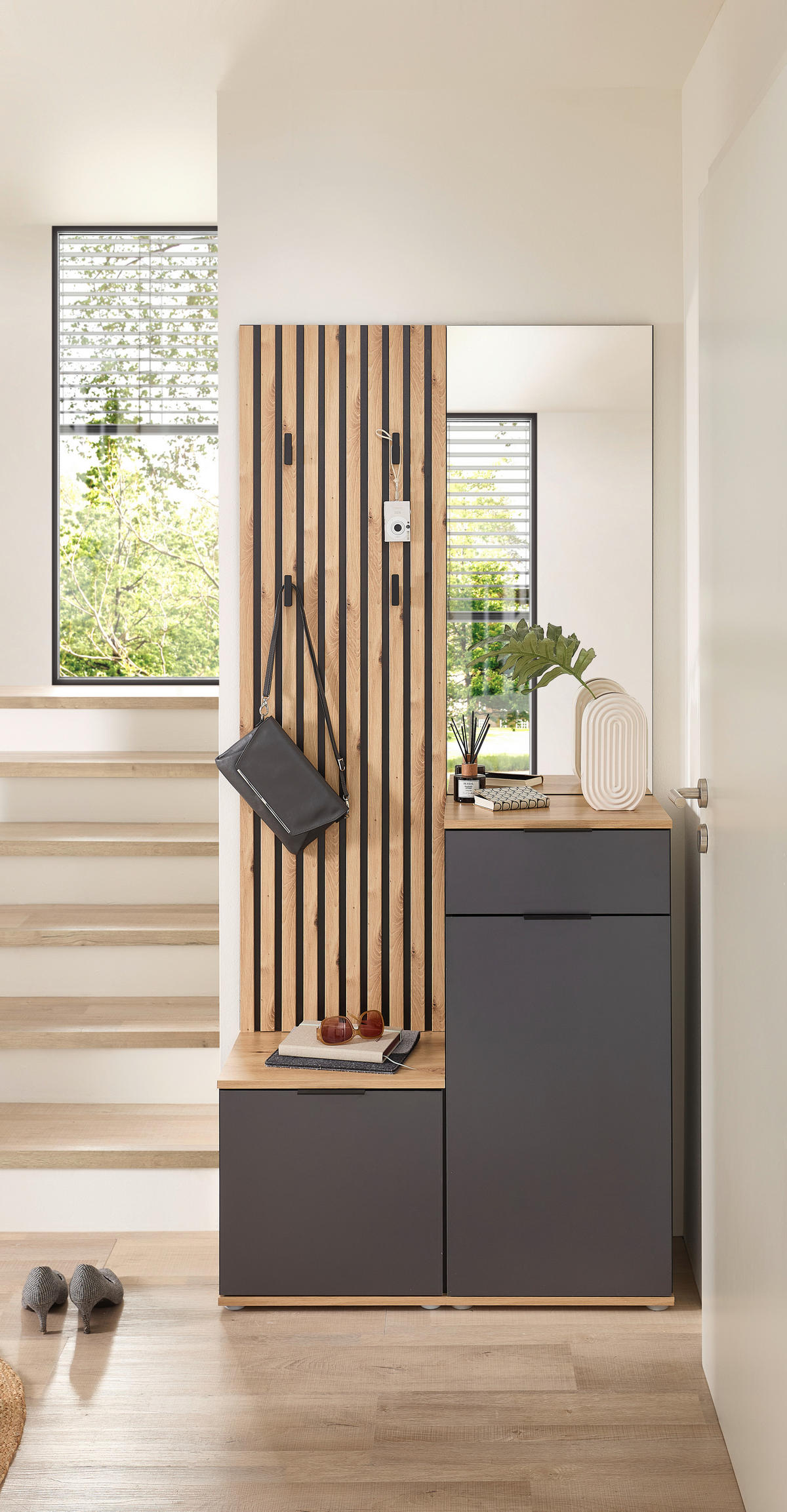 Garderobe Simple anthrazit Eiche Artisan Nachbildung B/H/T: ca. 88x195x35 cm Simple - Eiche/anthrazit (88,00/195,00/35,00cm)