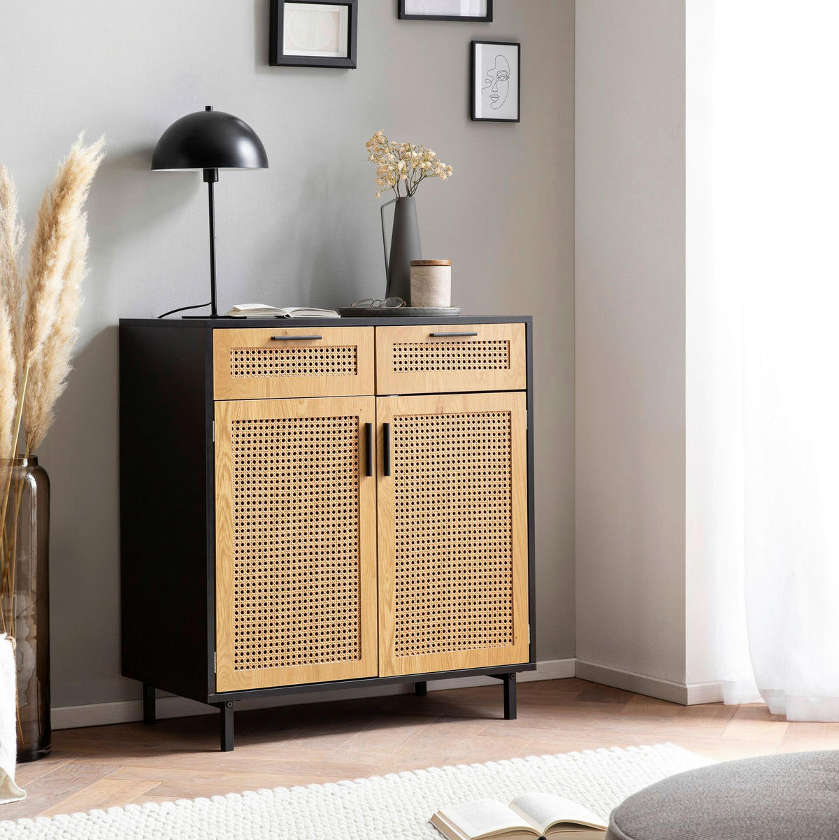 Sideboard schwarz Eiche Optik B/H/T: ca. 80x86,5x40 cm Sideboard - schwarz (80,00/86,50/40,00cm) - Wohnling