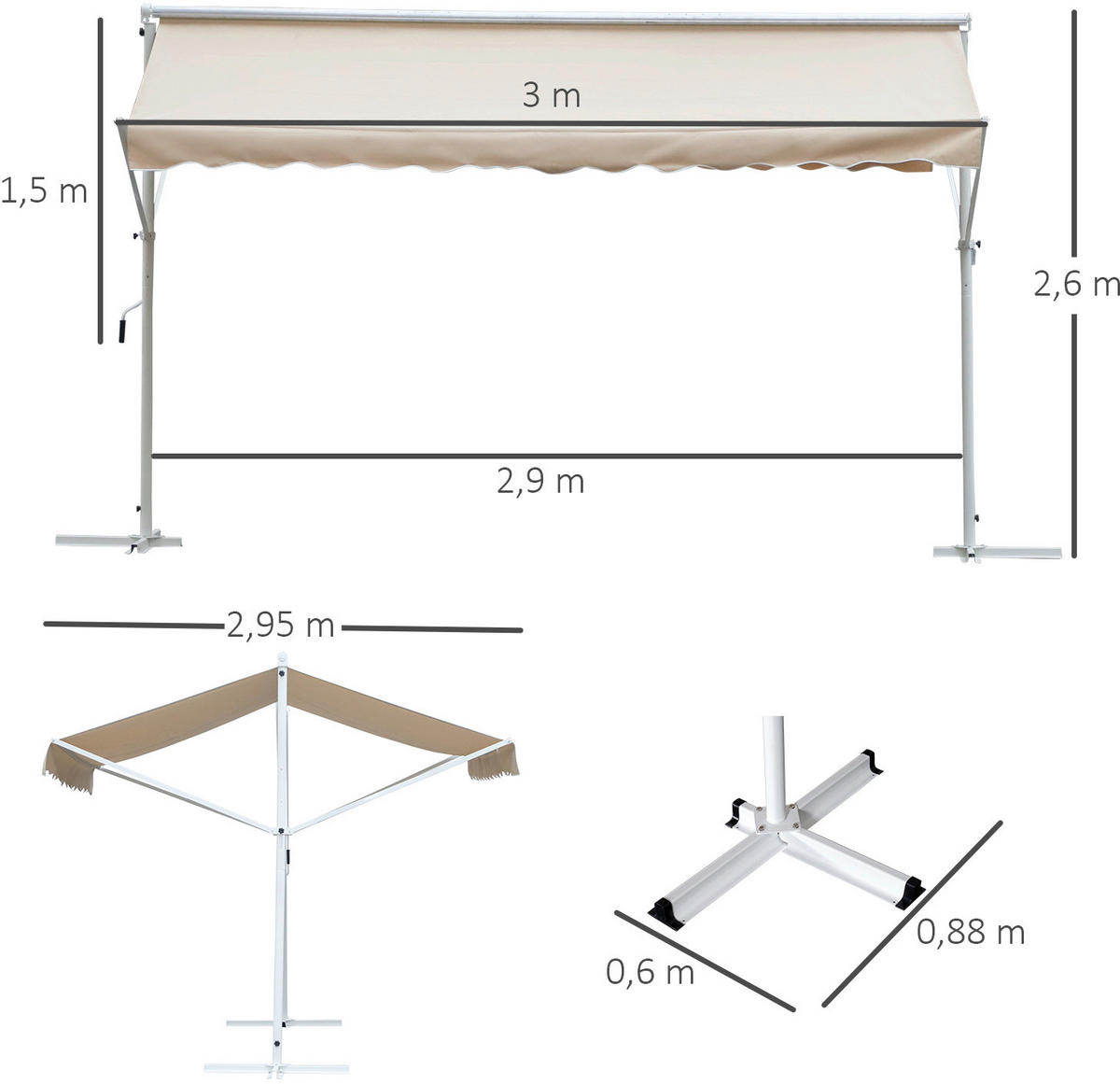 Outsunny Standmarkise creme Polyester-Mischgewebe B/H/L: ca. 294x250x295 cm Standmarkise_mit_Kurbel - creme (295,00/294,00/250,00cm) - Outsunny