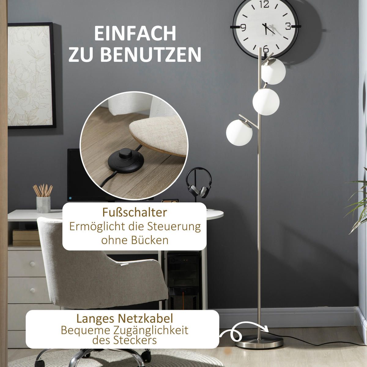 HOMCOM Stehleuchte B31-319V90SR Stehleuchte - silber (169,00/27,00/27,00cm) - HOMCOM