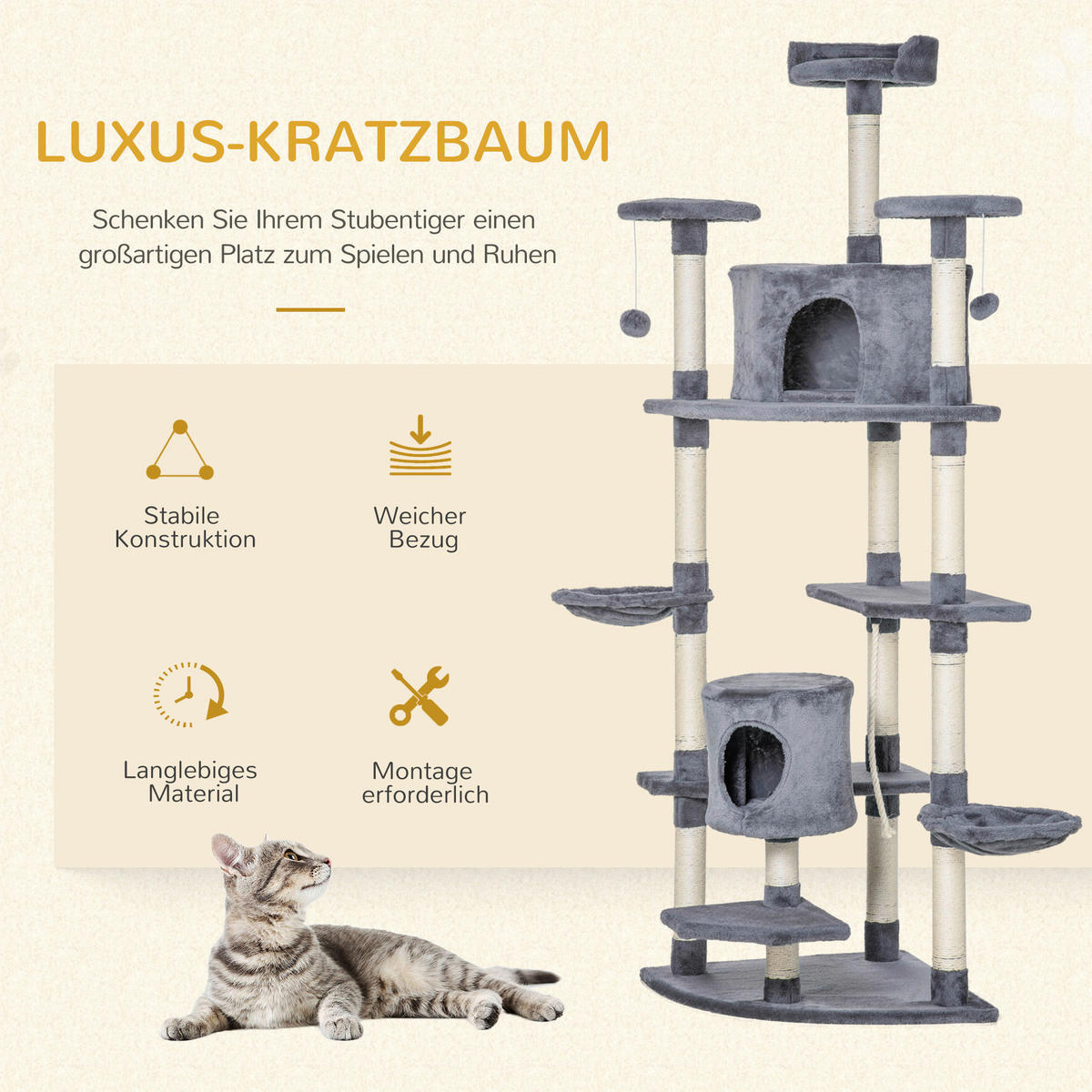 PawHut Kratzbaum hellgrau Polyester B/H/L: ca. 60x200x60 cm Kratzbaum - hellgrau (60,00/60,00/200,00cm) - PawHut