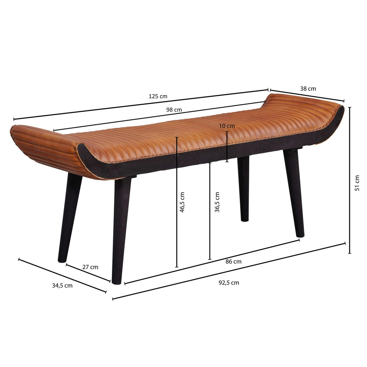Wohnling Sitzbank braun schwarz Leder Echtholz B/H/T: ca. 125x51x38 cm Sitzbank - braun/schwarz (125,00/51,00/38,00cm) - Wohnling