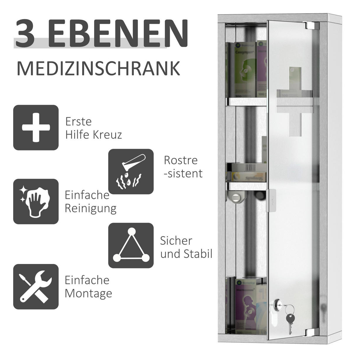 kleankin Medizinschrank silber Polypropylen B/H/L: ca. 12x20x58 cm Medizinschrank - silber (58,00/12,00/20,00cm) - kleankin