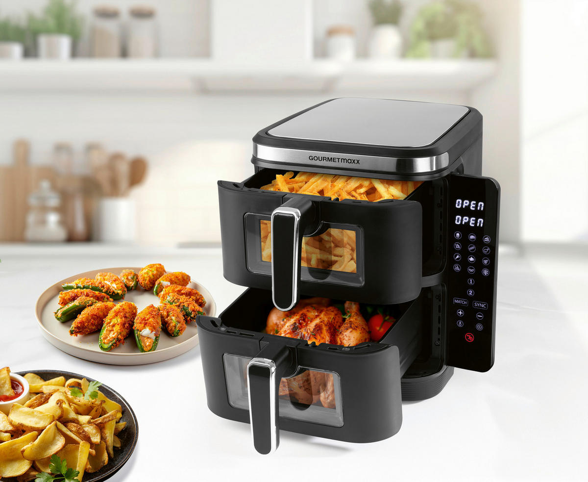 GOURMETmaxx Heißluftfritteuse schwarz Kunststoff B/H/L: ca. 28,6x35,5x44,3 cm ca. 5 l Doppel-Heißluftfritteuse 16509 - schwarz (44,30/28,60/35,50cm) - GOURMETmaxx