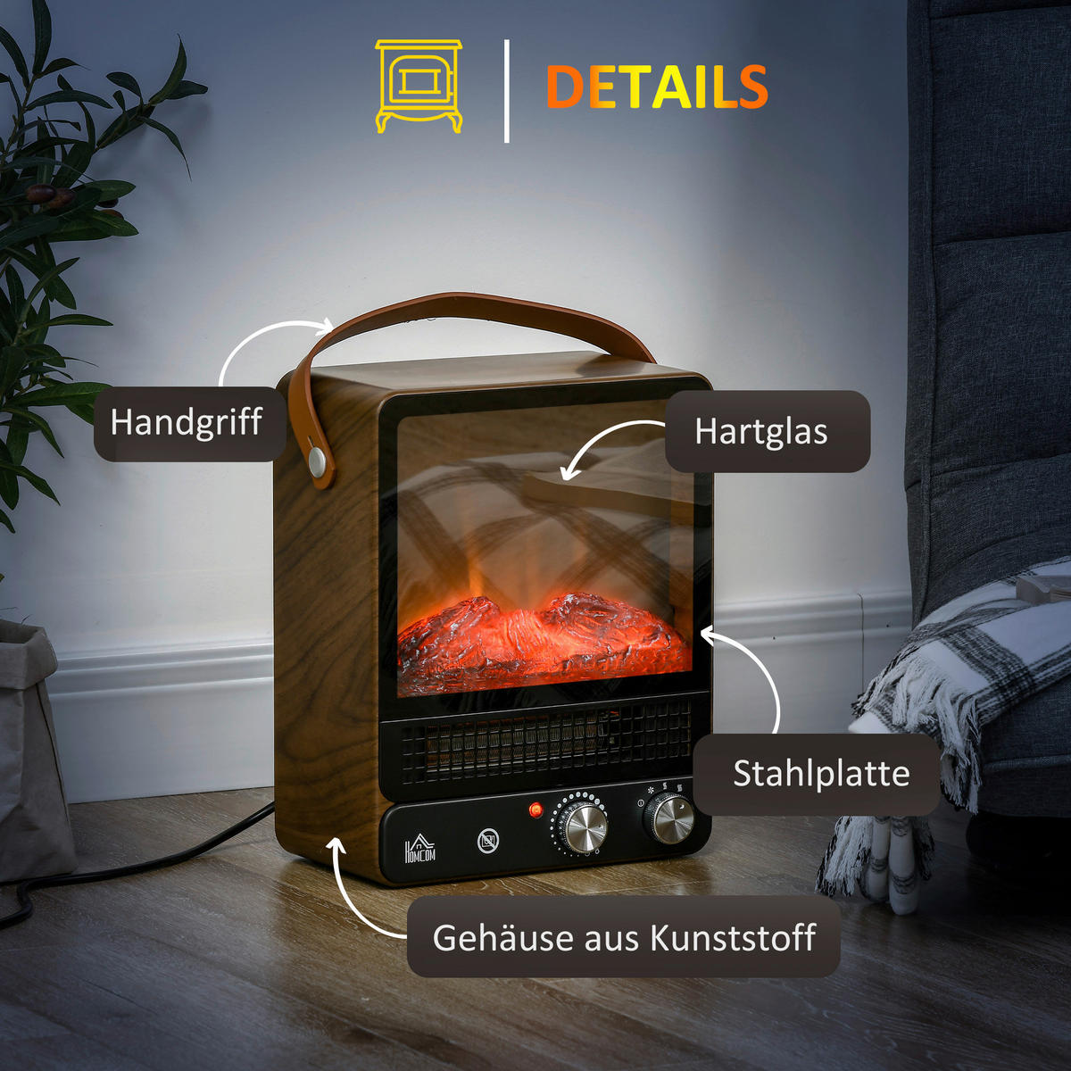 HOMCOM Elektro-Feuerstelle 820-348V90WN braun Edelstahl Polypropylen Kunststoff B/H/L: ca. 17,5x30,3x37,4 cm ca. 1500 W Elektrische_Feuerstelle - braun (37,40/17,50/30,30cm) - HOMCOM