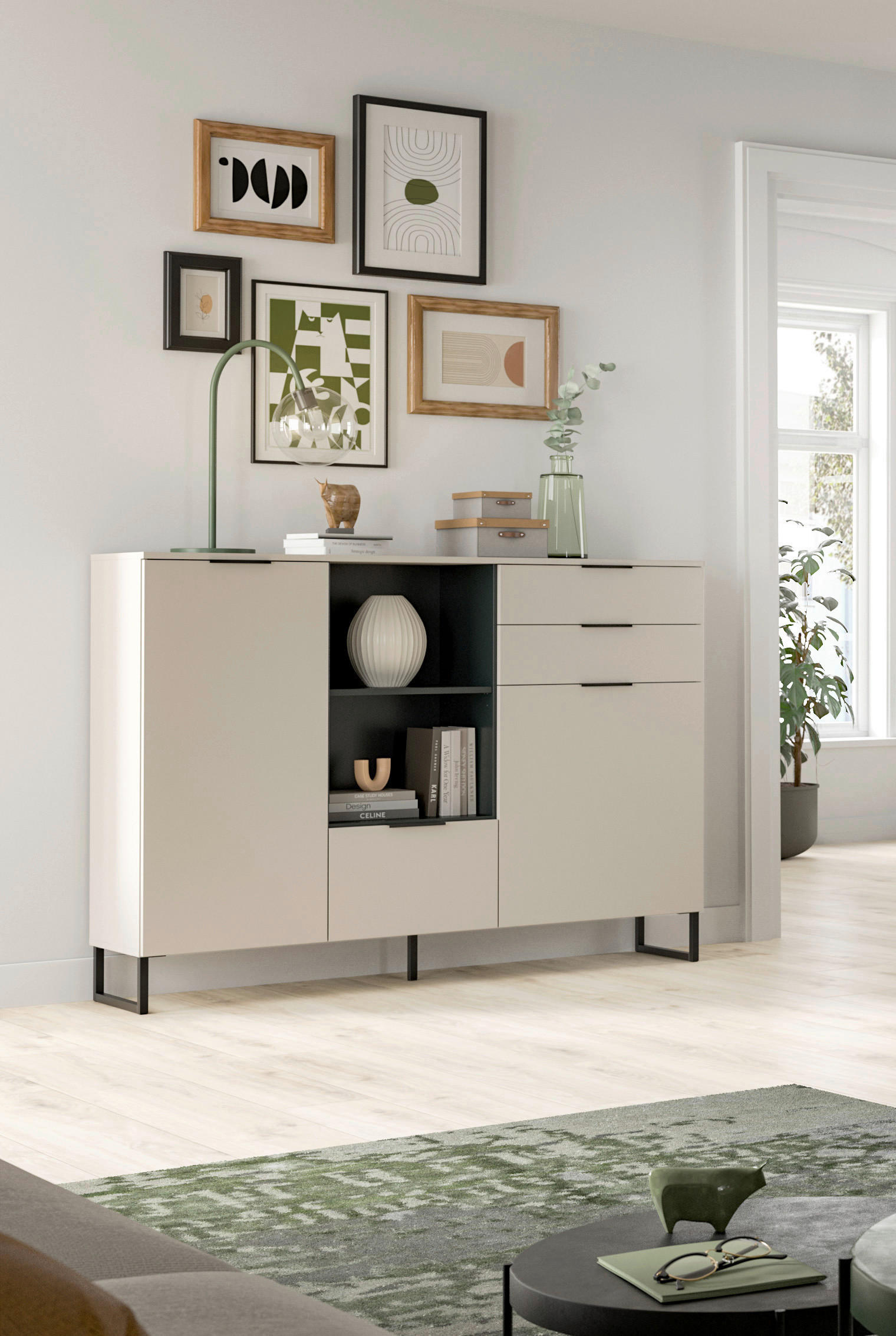 Highboard Noida Kaschmirgrau Nachbildung schwarz B/H/T: ca. 112x150x37 cm Noida - schwarz (112,00/150,00/37,00cm) - xonox.home