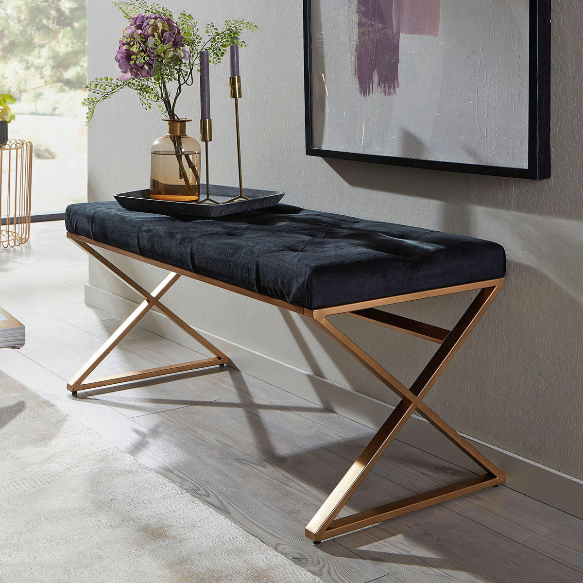 Sitzbank schwarz gold lackiert Edelstahl Samt B/H/T: ca. 90x46x44 cm Sitzbank - gold/schwarz (90,00/46,00/44,00cm) - Wohnling