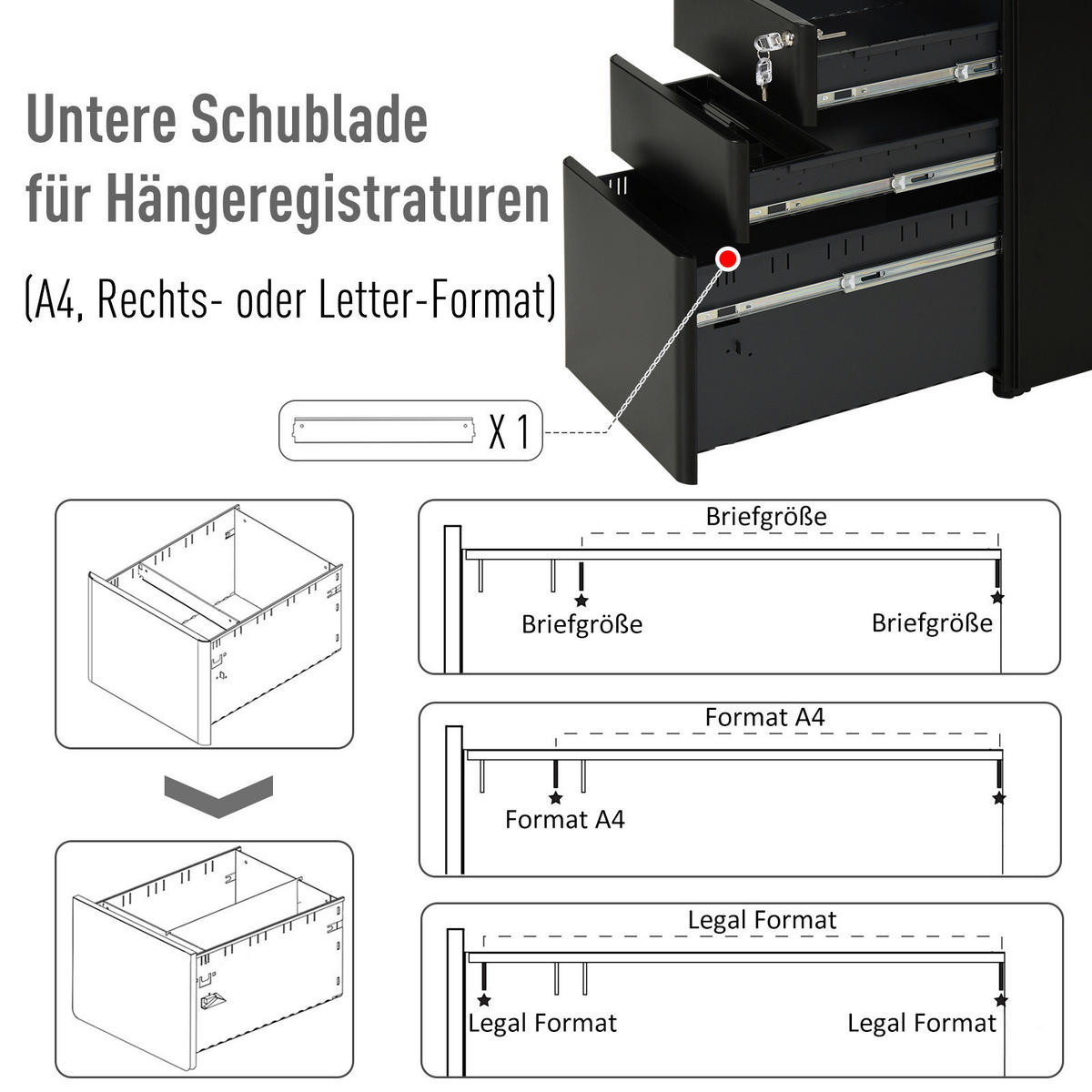 Rollcontainer 924-006BK schwarz B/H/T: ca. 39x59x48 cm 924-006BK - schwarz (39,00/59,00/48,00cm) - Vinsetto