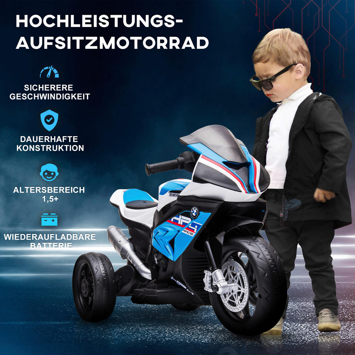 HOMCOM Kinder-Elektromotorrad blau B/H/L: ca. 42x54x82,5 cm Kinder-Elektromotorrad - blau (82,50/42,00/54,00cm) - HOMCOM