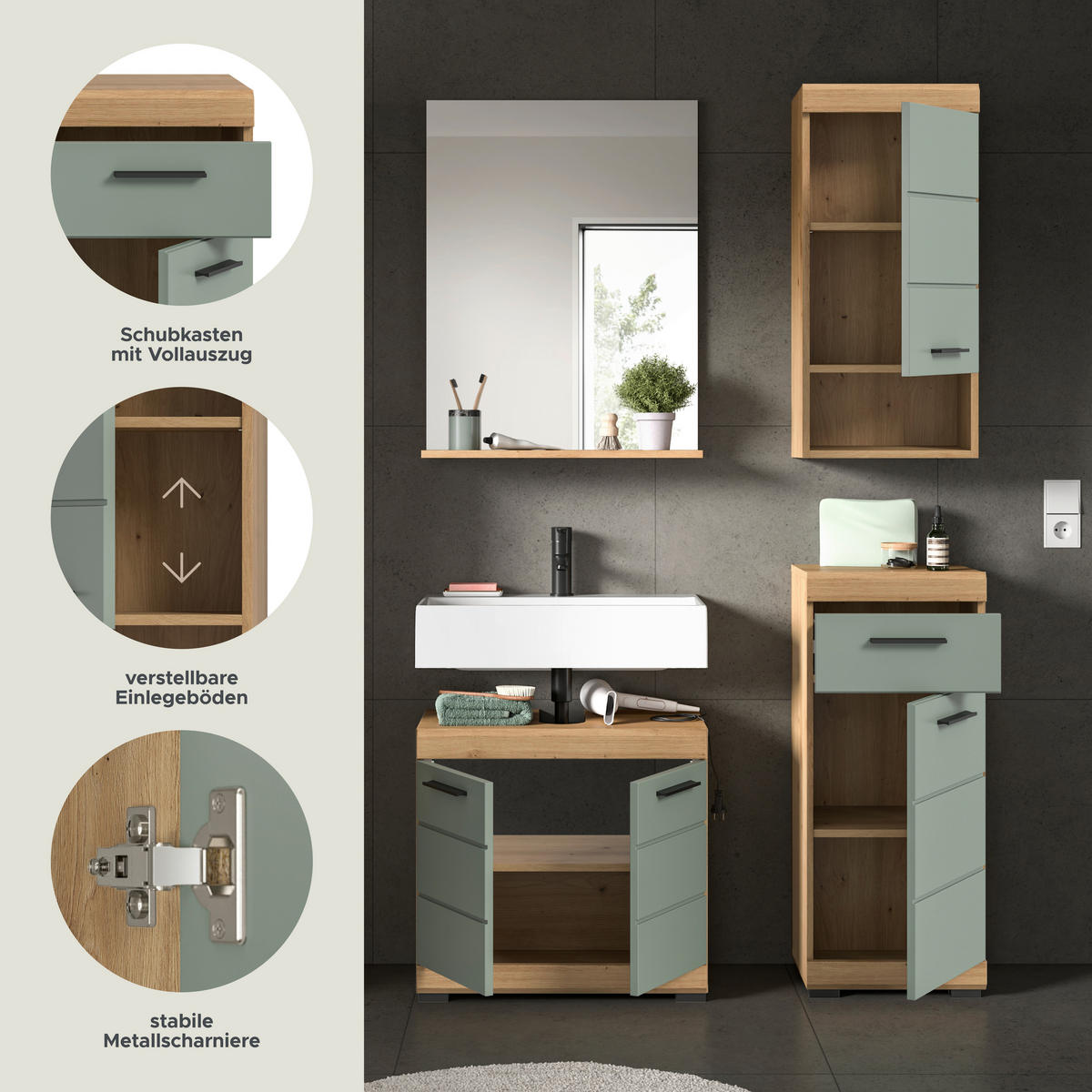Badezimmer-Set Scout Eiche Artisan Nachbildung salbei Nachbildung B/H/T: ca. 112x191x34 cm Scout - Eiche/salbei (112,00/191,00/34,00cm) - xonox.home