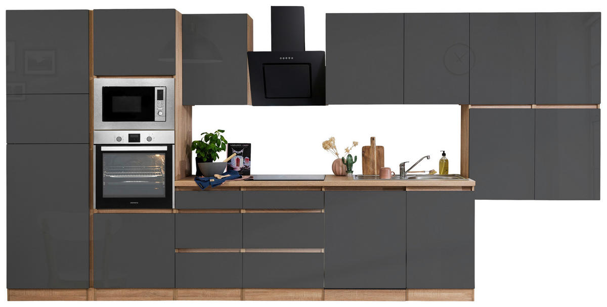 Respekta Küchenblock Premium grau hochglänzend B/H/T: ca. 445x220,5x60 cm Premium - Eiche/grau (445,00/220,50/60,00cm) - Respekta