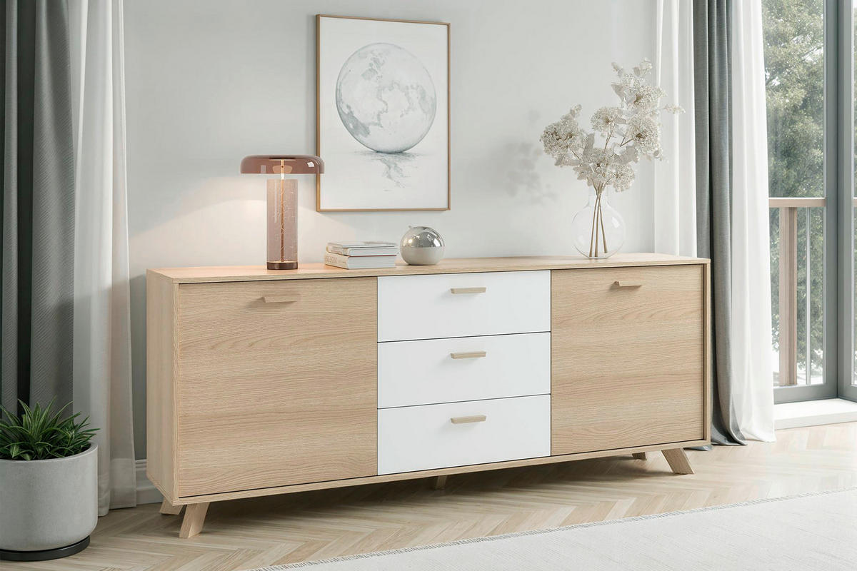 Sideboard BASTIAN Eiche weiß B/H/T: ca. 180x72,5x36,5 cm BASTIAN - Eiche/weiß (180,00/72,50/36,50cm) - byLIVING
