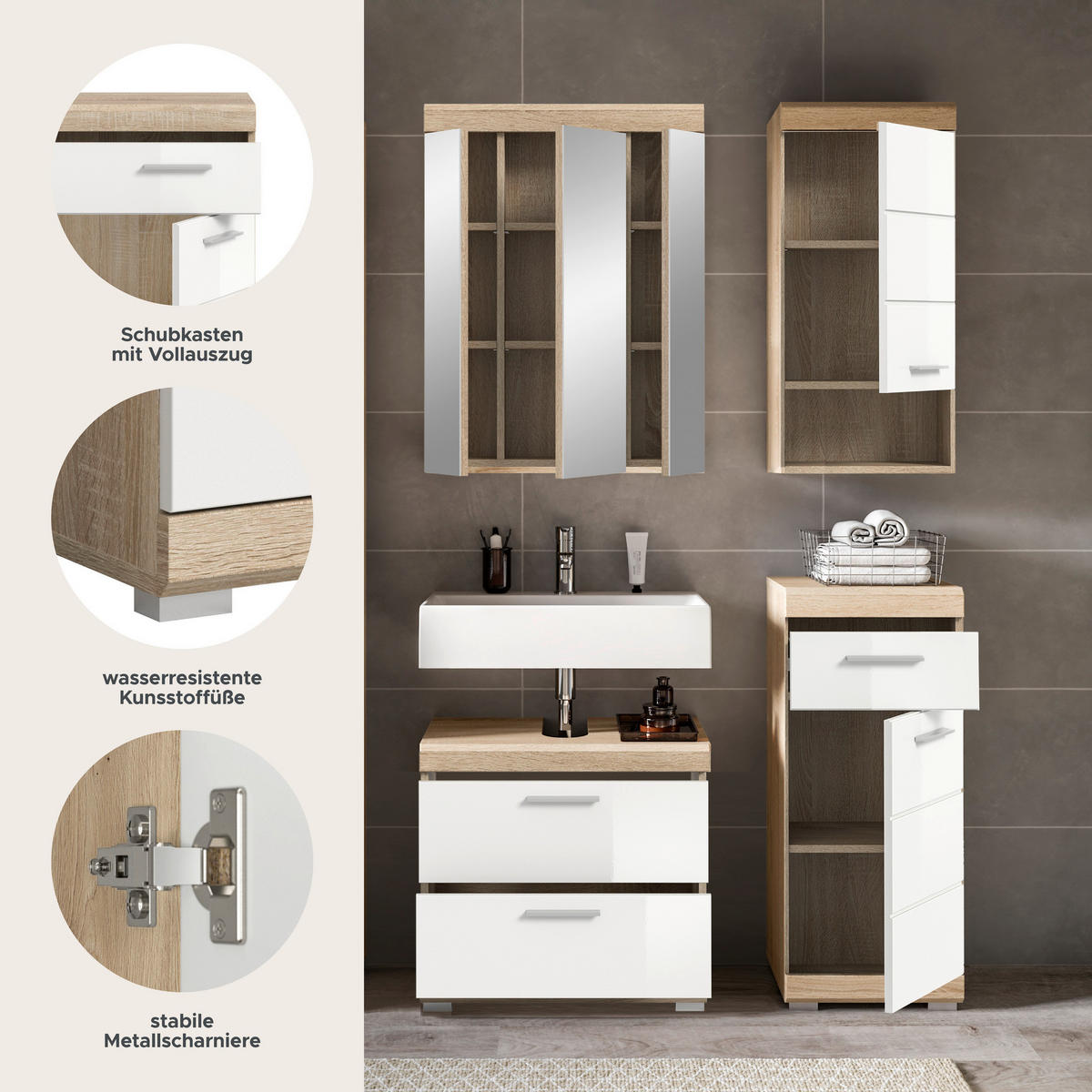 Badezimmer-Set Lambada Eiche Sonoma Nachbildung weiß Hochglanz B/H/T: ca. 112x191x37 cm Lambada - Eiche/weiß (112,00/191,00/37,00cm) - xonox.home