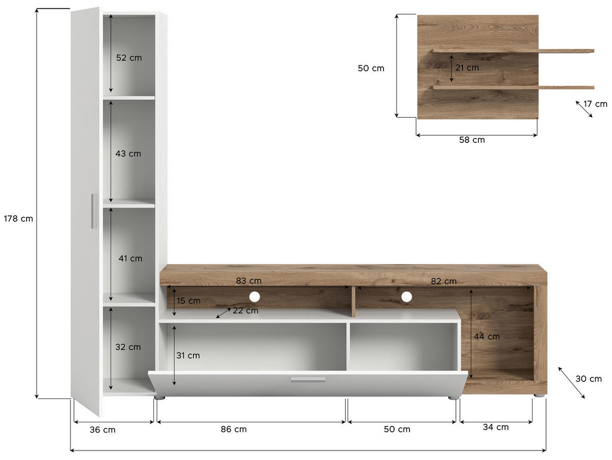 Wohnwand Cross weiß Oak Eiche Viking Nachbildung B/H/T: ca. 218x190x34 cm Cross - weiß/Oak (218,00/190,00/34,00cm)