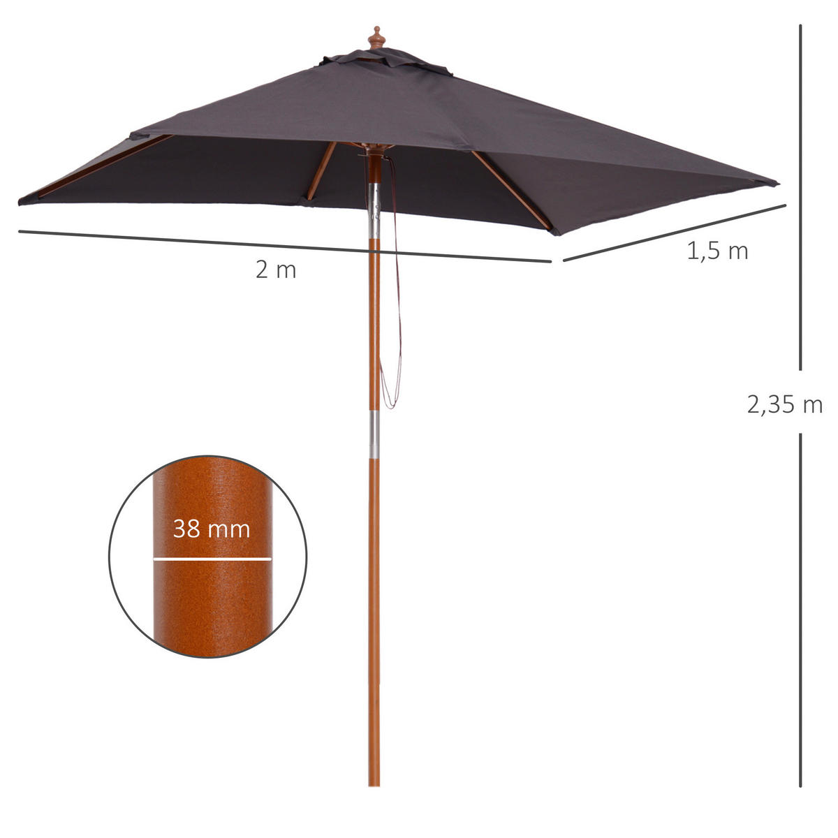Outsunny Sonnenschirm dunkelgrau Polyester B/H/L: ca. 150x230x200 cm Sonnenschirm - dunkelgrau (200,00/150,00/230,00cm) - Outsunny