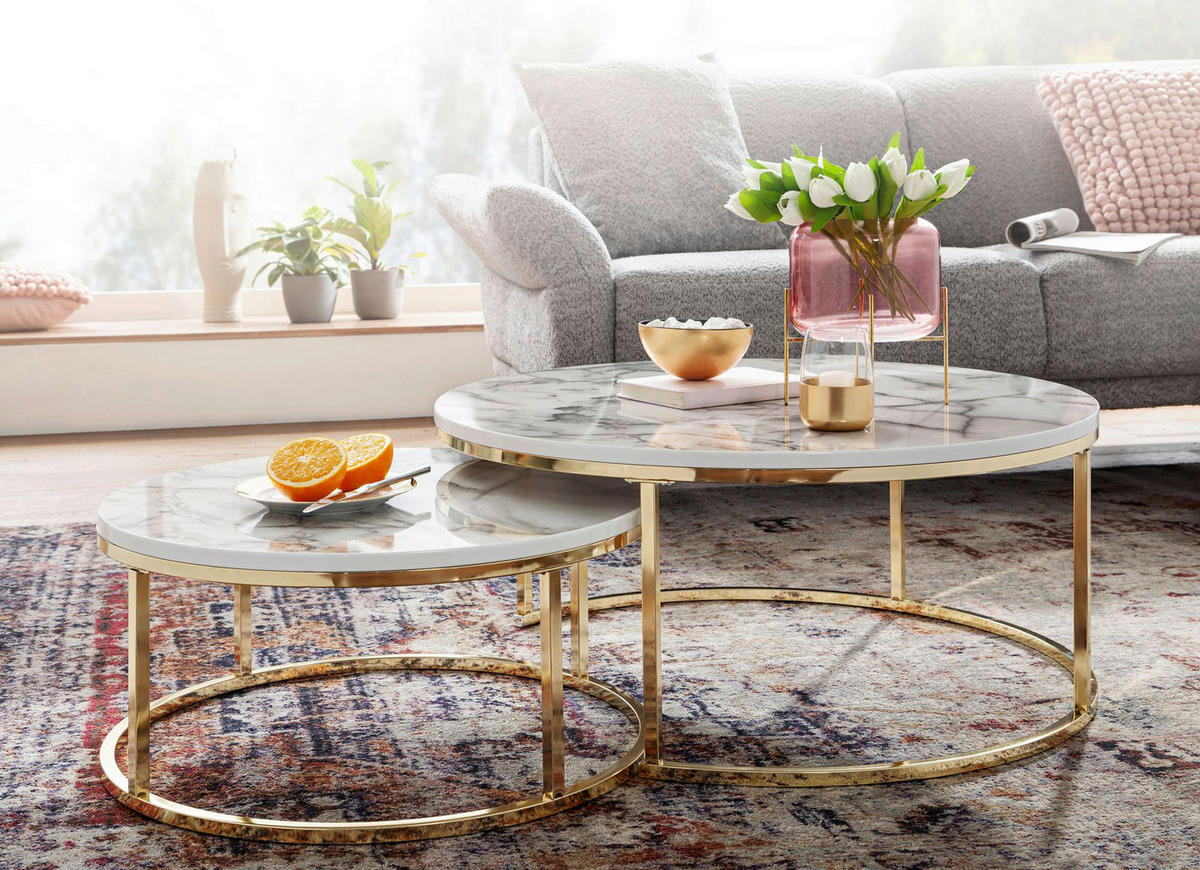 Wohnling Couchtisch 2er-Set weiß Marmor gold MDF Stahl 2er-Set - gold/weiß - Wohnling
