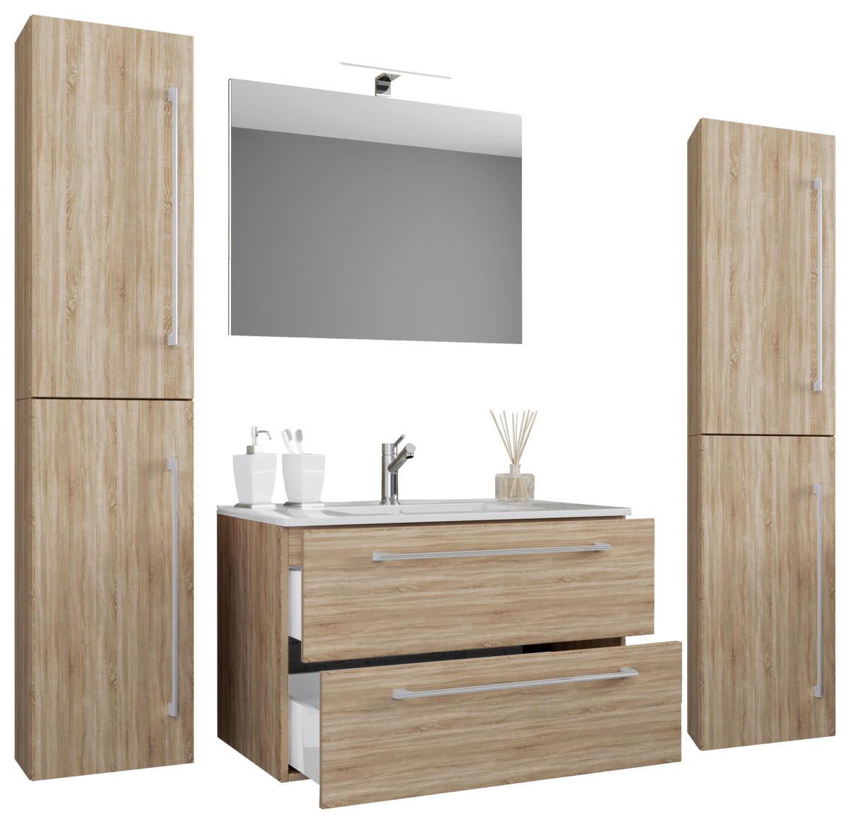 Waschplatz 5tlg-Badinos weiß Eiche Sonoma Nachbildung B/H/T: ca. 60x50x46 cm 5tlg-Badinos - Eiche/weiß (60,00/50,00/46,00cm) - VCM Möbel
