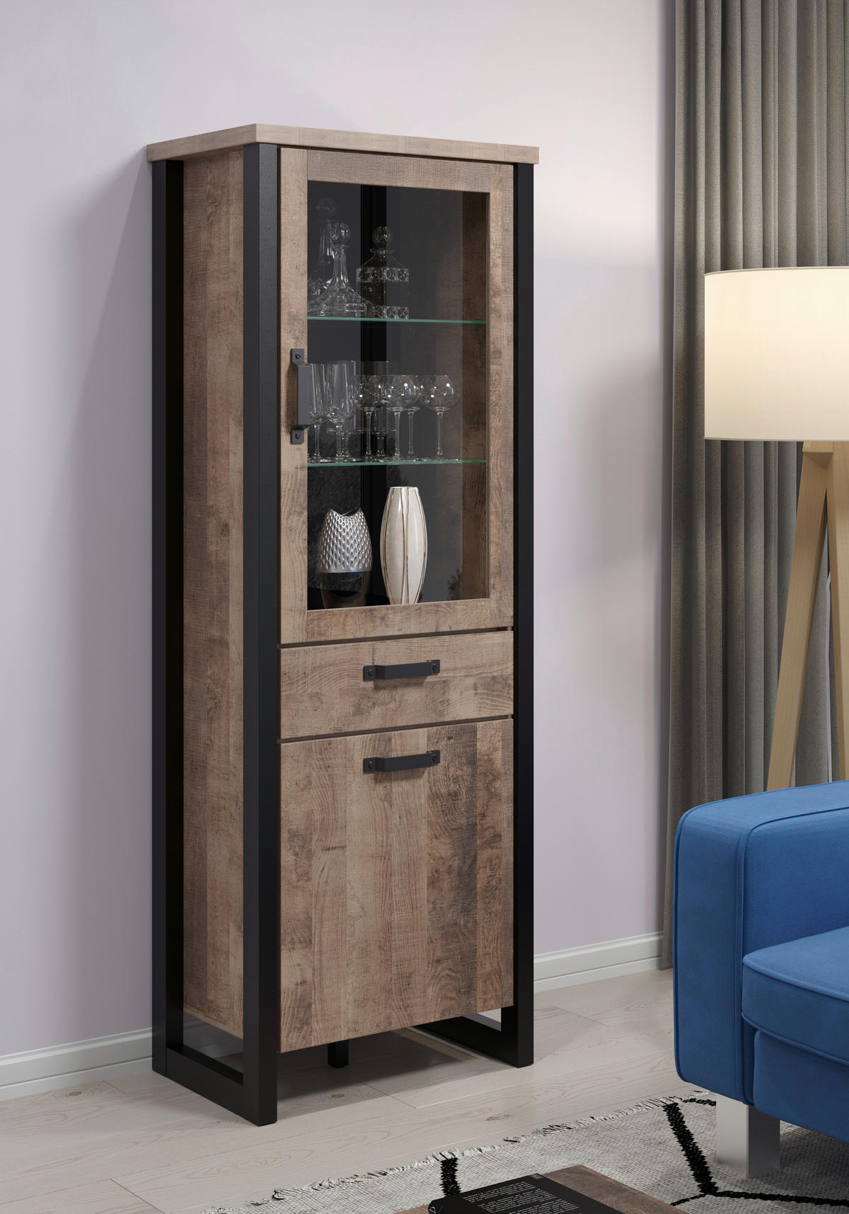 Standvitrine Emile Eiche Tabak Nachbildung B/H/T: ca. 70x195x45 cm Emile - Eiche (70,00/195,00/45,00cm) - Trendteam