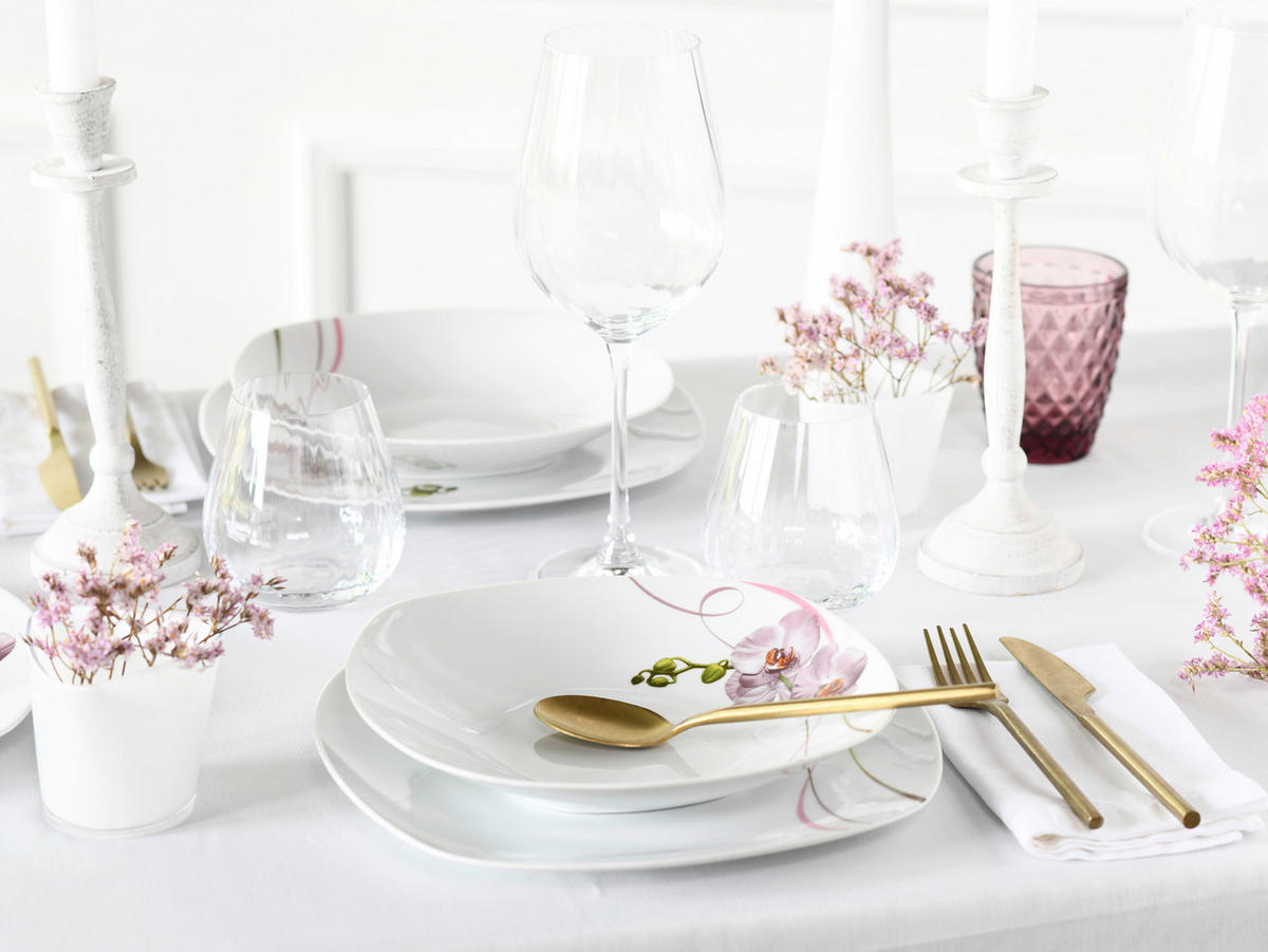 CreaTable Tafelservice Square Orchidee weiß Porzellan 12 tlg. Square Orchidee - weiß/mauve - CreaTable