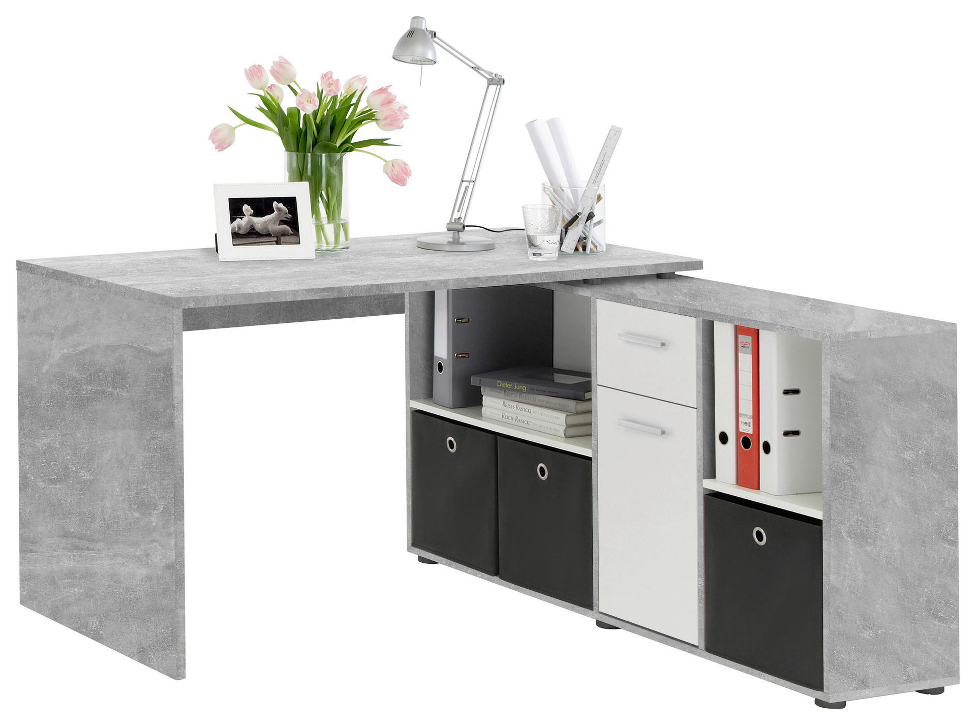 Schreibtisch  Beton Optik weiß B/H/T: ca. 136x74x66,5 cm Lexo_Schreibtisch 353-001 - weiß (136,00/74,00/66,50cm)