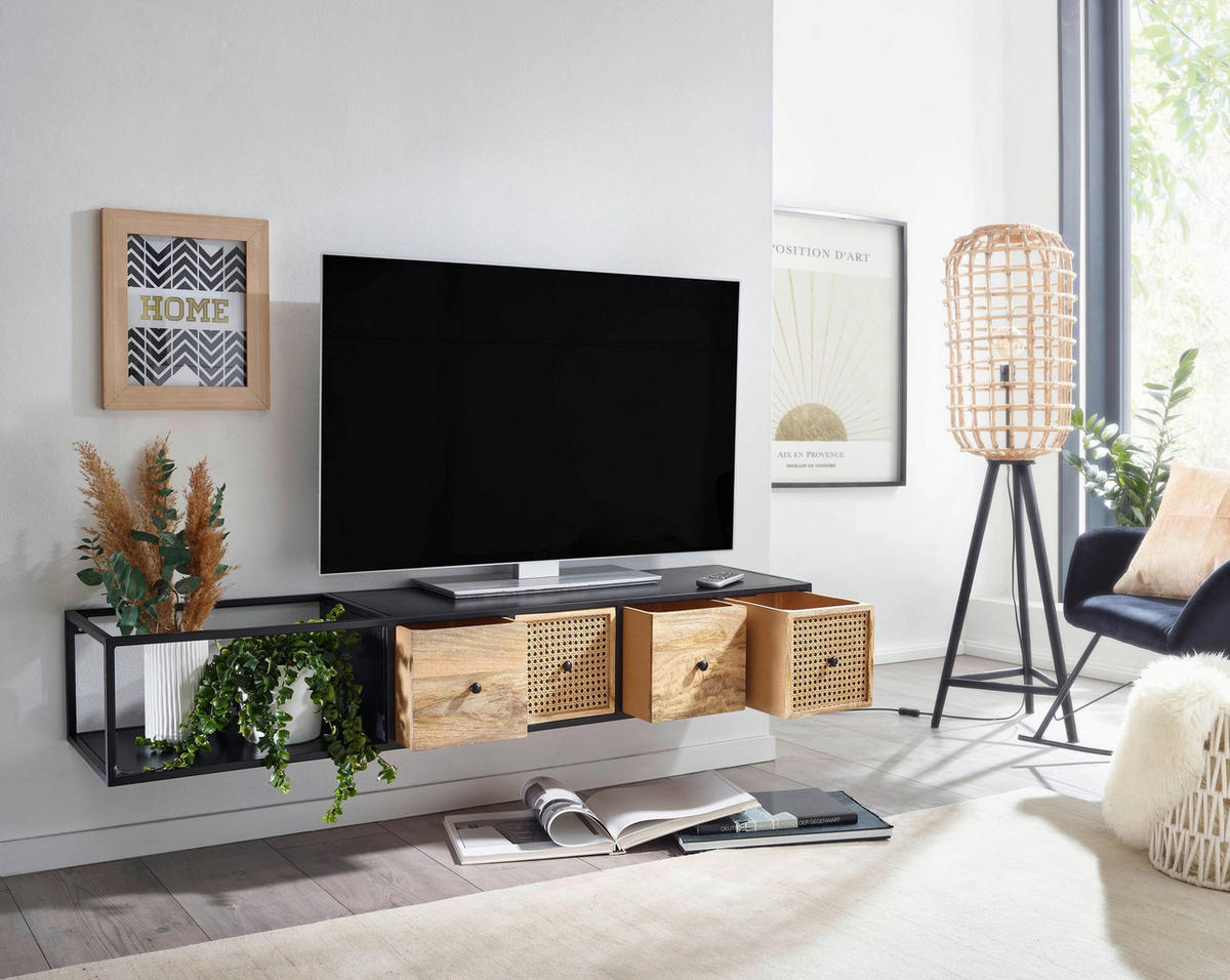 TV-Bank schwarz pulverbeschichtet natur Eisen Echtholz B/H/T: ca. 150x25x35 cm TV Konsole - natur/schwarz (150,00/25,00/35,00cm) - Wohnling