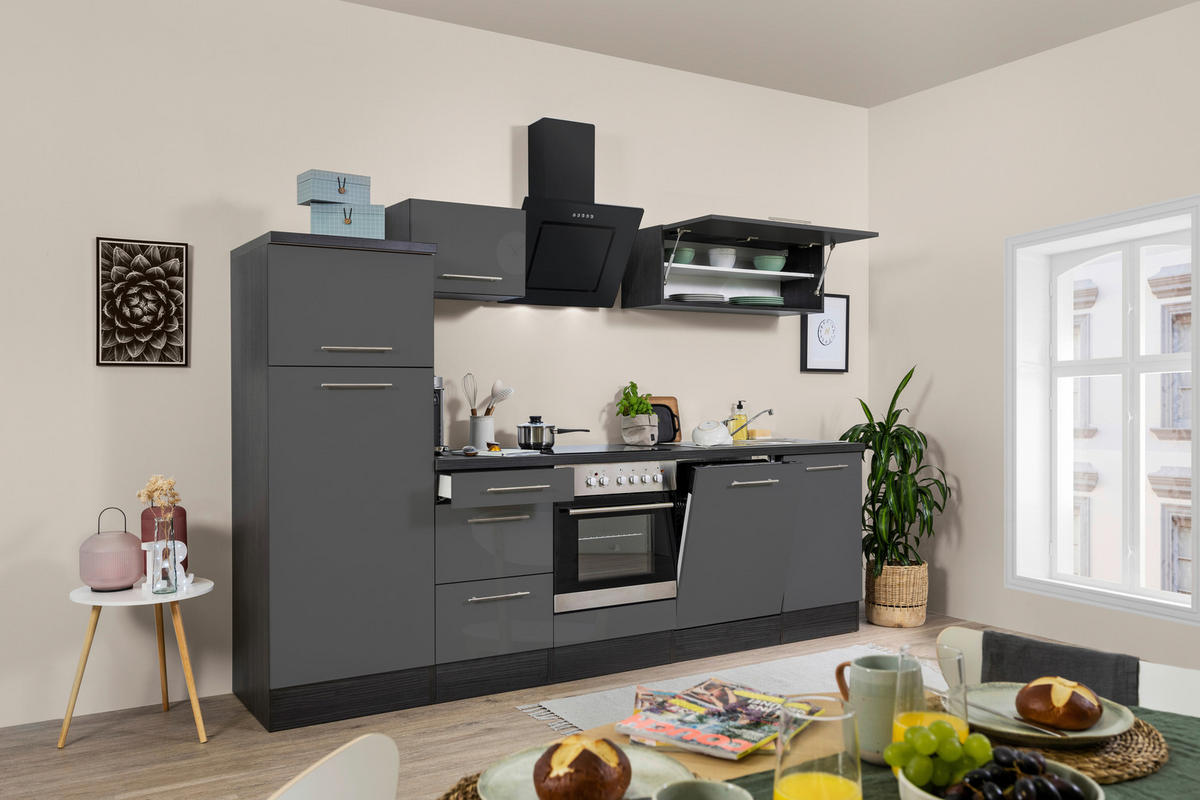 Respekta Küchenblock Premium grau hochglänzend B/H/T: ca. 280x200x60 cm Premium - Eiche/grau (280,00/200,00/60,00cm) - Respekta