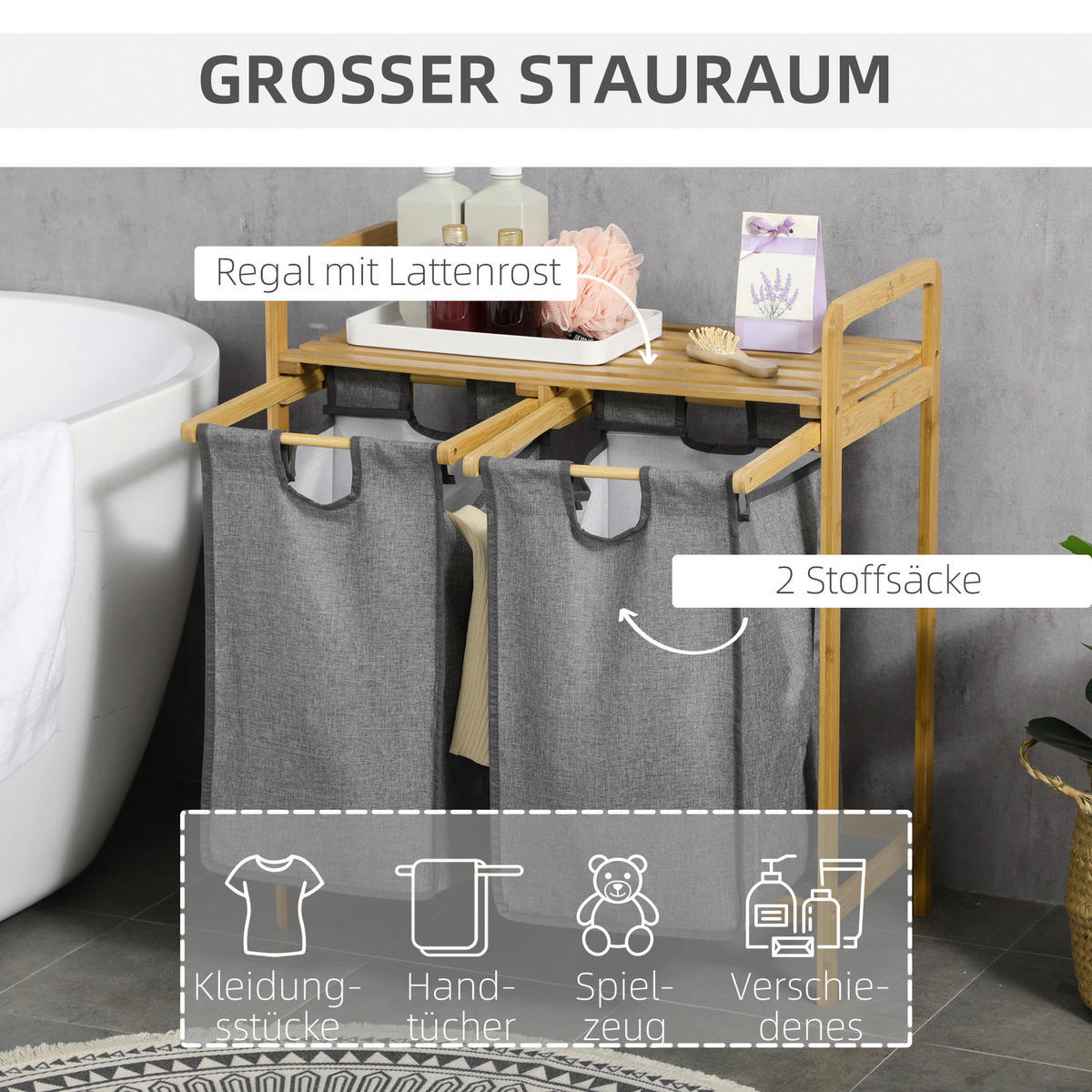 HOMCOM Wäschekorb grau B/H/L: ca. 33x63,5x73 cm Wäschekorb - grau (73,00/33,00/63,50cm) - HOMCOM
