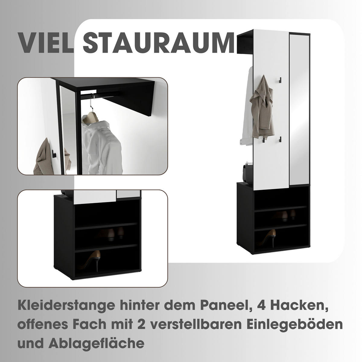 Garderobenset ANDORRA schwarz weiß B/H/T: ca. 55x187,5x40,5 cm ANDORRA - weiß/schwarz (55,00/187,50/40,50cm) - byLIVING