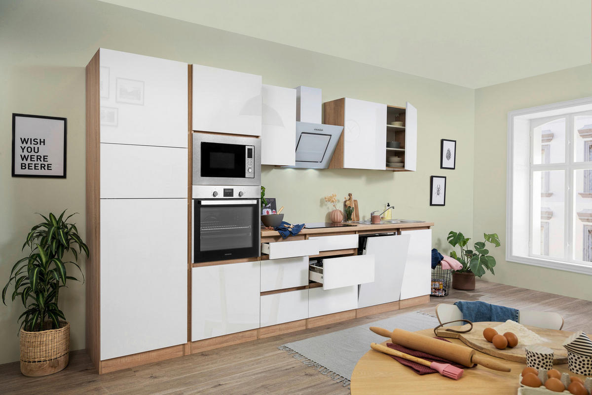 Respekta Küchenblock Premium weiß hochglänzend B/H/T: ca. 345x220,5x60 cm Premium - Eiche/weiß (345,00/220,50/60,00cm) - Respekta