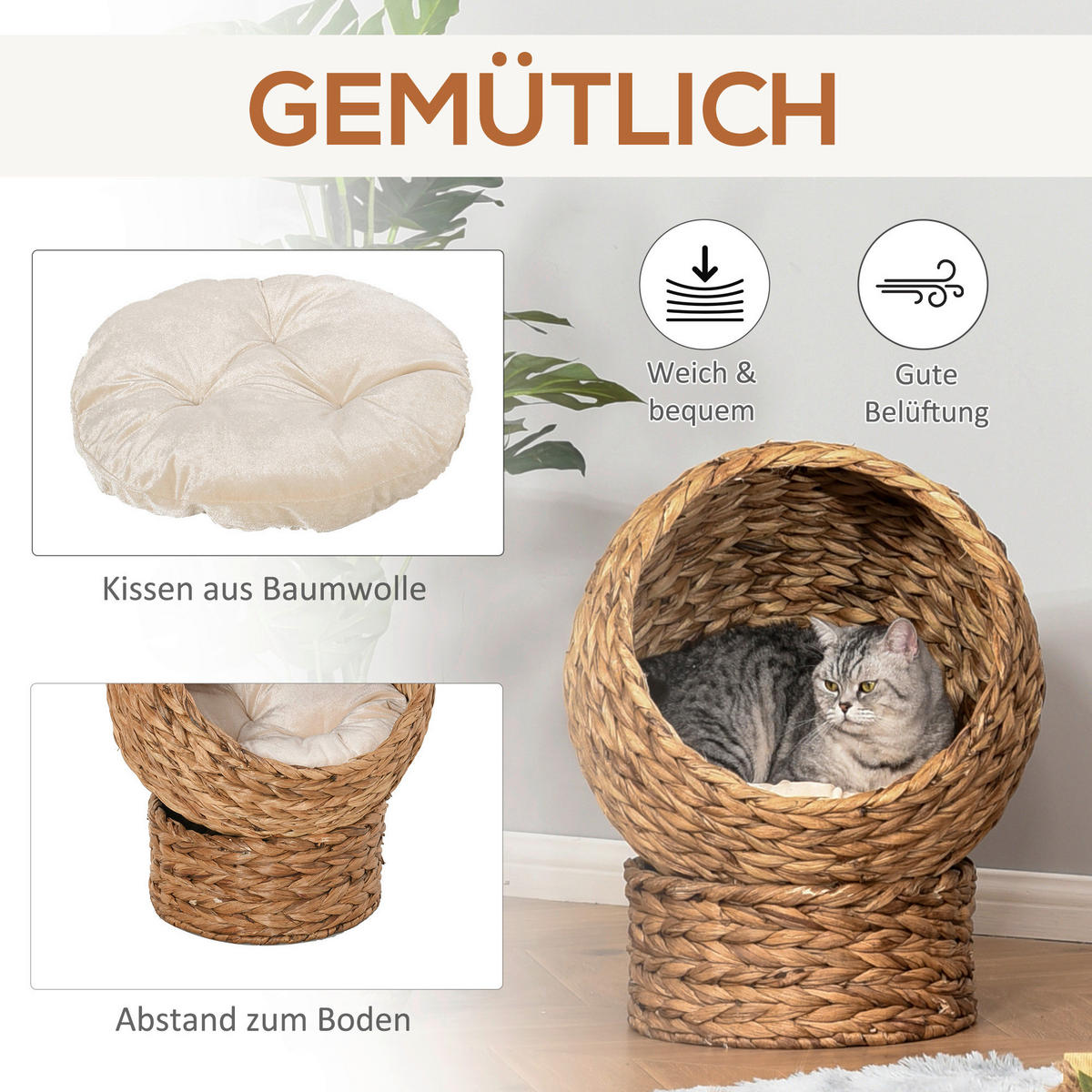 PawHut Katzenhaus natur Wasserhyazinthe H/L: ca. 60x42 cm Katzenhaus - natur (42,00cm) - PawHut