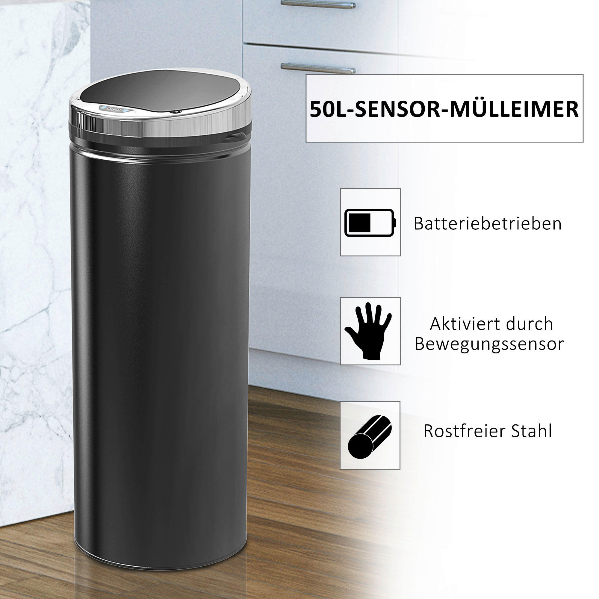 HOMCOM Automatik-Mülleimer 03-0046 schwarz Stahl Kunststoff Polypropylen B/H/L: ca. 30,5x30,5x81,5 cm Automatik_Mülleimer - schwarz (81,50/30,50/30,50cm) - HOMCOM