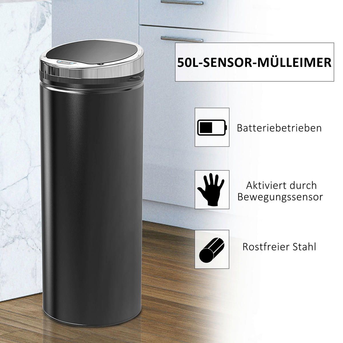 HOMCOM Automatik-Mülleimer 03-0046 schwarz Stahl Kunststoff Polypropylen B/H/L: ca. 30,5x30,5x81,5 cm Automatik_Mülleimer - schwarz (81,50/30,50/30,50cm) - HOMCOM