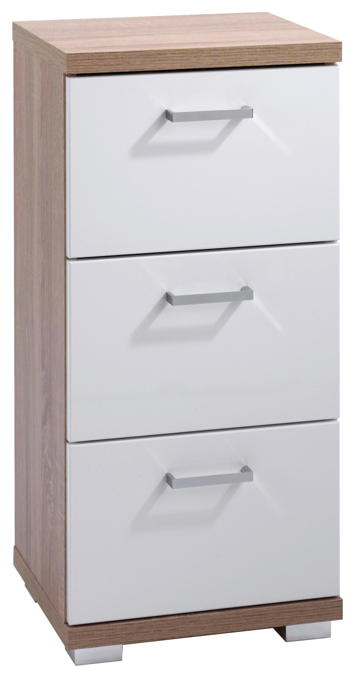 Schrank NEBRASKA Eiche Nachbildung weiß Hochglanz silber verchromt B/H/T: ca. 35x74x31,5 cm NEBRASKA - Eiche/weiß (35,00/74,00/31,50cm) - byLIVING