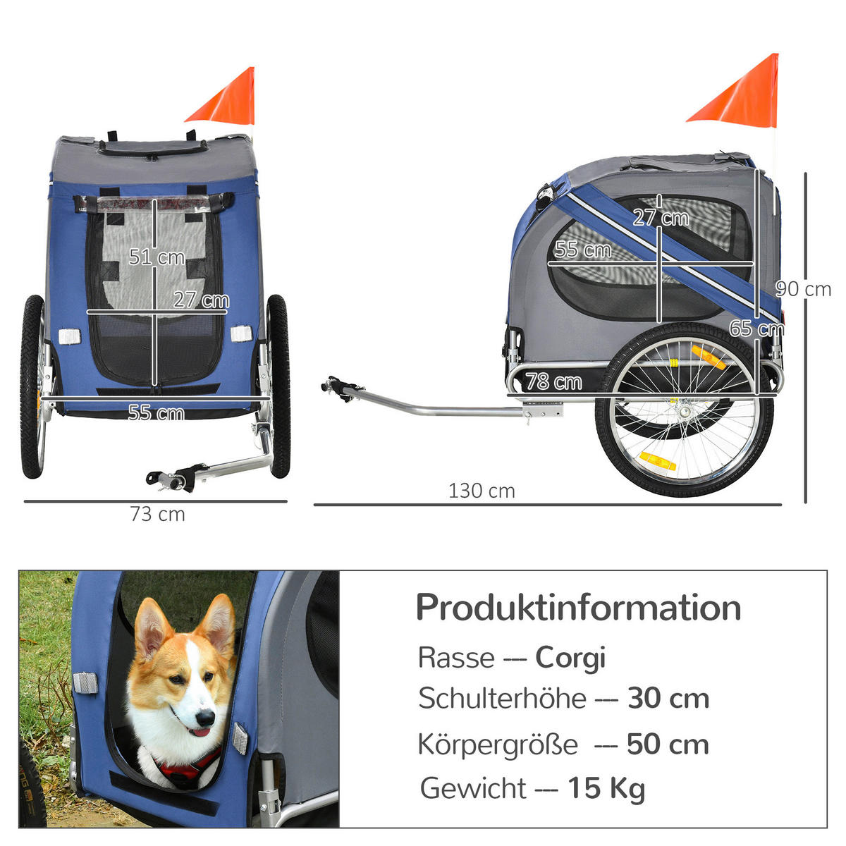 PawHut Fahrradanhänger grau grau B/H/L: ca. 73x130x90 cm Fahrradanhänger - blau/grau (90,00/73,00/130,00cm) - PawHut