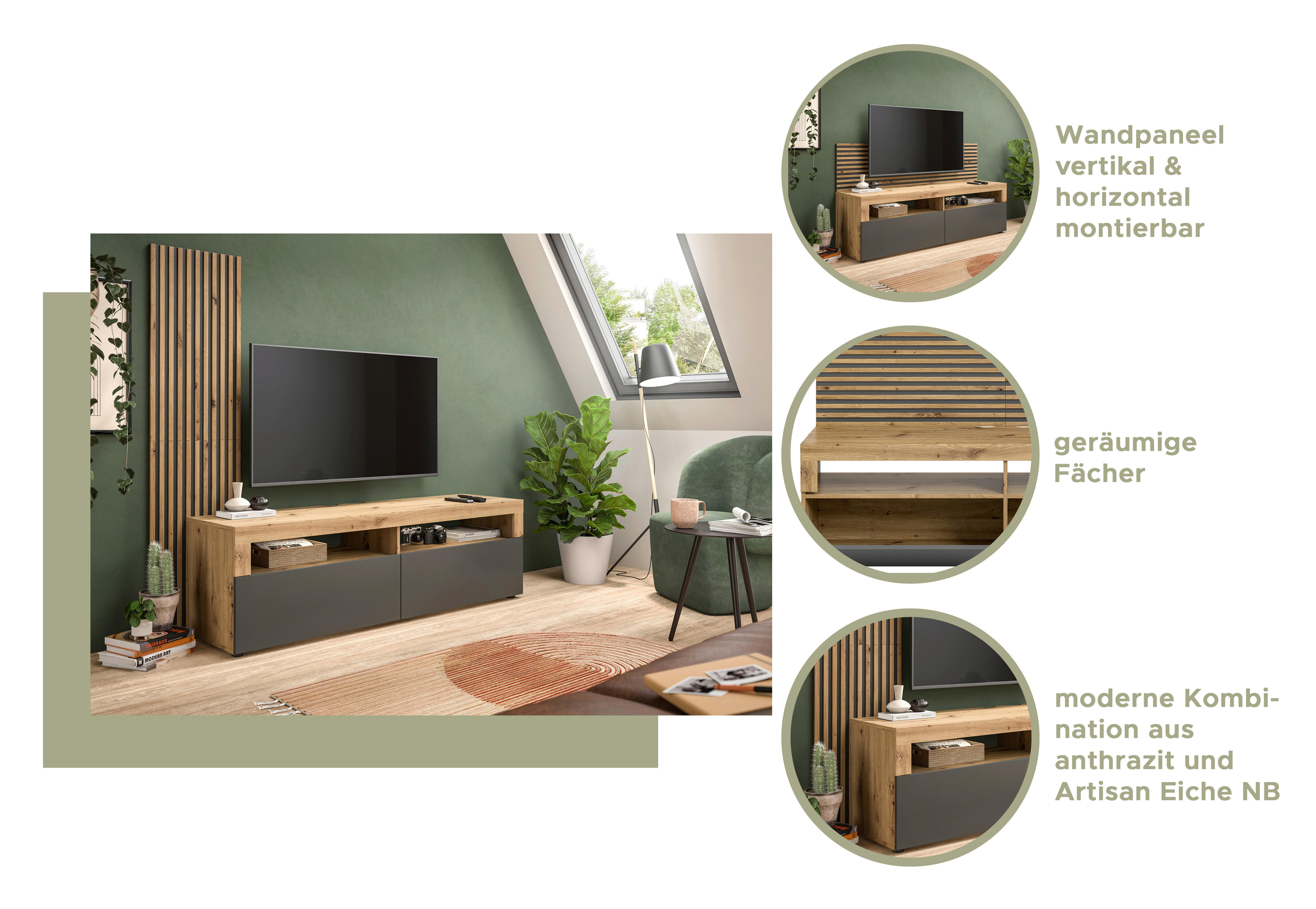 TV-Lowboard Okai anthrazit Eiche Artisan Nachbildung B/H/T: ca. 160x90x45 cm Okai - Eiche/anthrazit (160,00/90,00/45,00cm)