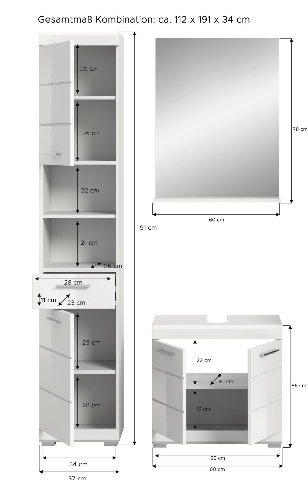 Badezimmer-Set Scout weiß weiß Hochglanz B/H/T: ca. 112x191x34 cm Scout - weiß (112,00/191,00/34,00cm) - xonox.home