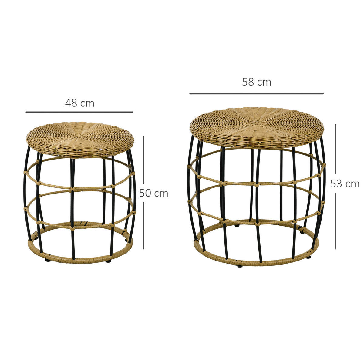 Outsunny Beistelltisch khaki Polypropylen B/H/L: ca. 58x58x53 cm Rattan_Beistelltisch-Set - khaki (53,00/58,00/58,00cm) - Outsunny