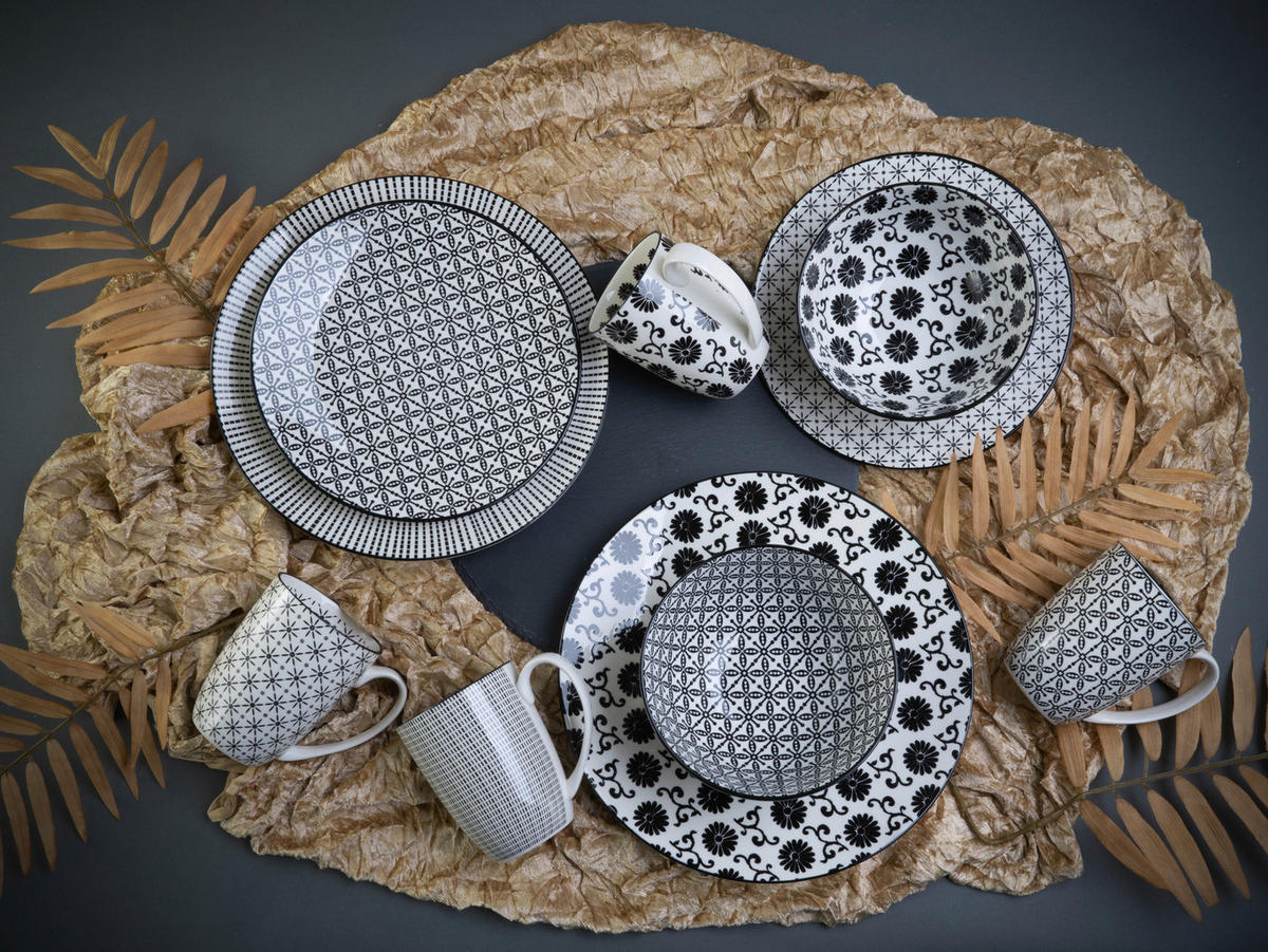 CreaTable Kombiservice New Style weiß Steingut 16 tlg. New Style - weiß/schwarz - CreaTable